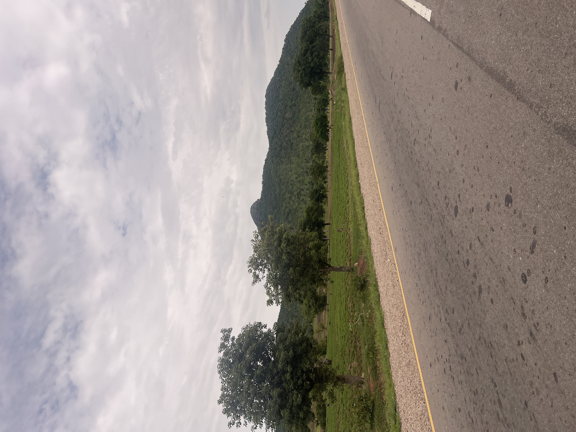 This is a landscape image taken in Minda, Nigeria, under a cloudy sky. The scene is dominated by a paved road with a yellow line marking the lane. The road takes up the right half of the frame, showing some dark stains and a white line at the top. To the left of the road is a strip of grass and gravel, followed by a lush green field. In the distance, a large, verdant mountain rises, covered in dense trees. Several trees are scattered across the field, with two prominent trees in the foreground. The overall impression is a rural or semi-rural setting, likely in the daytime given the ambient light. The weather appears overcast. There is no visible text in the image.