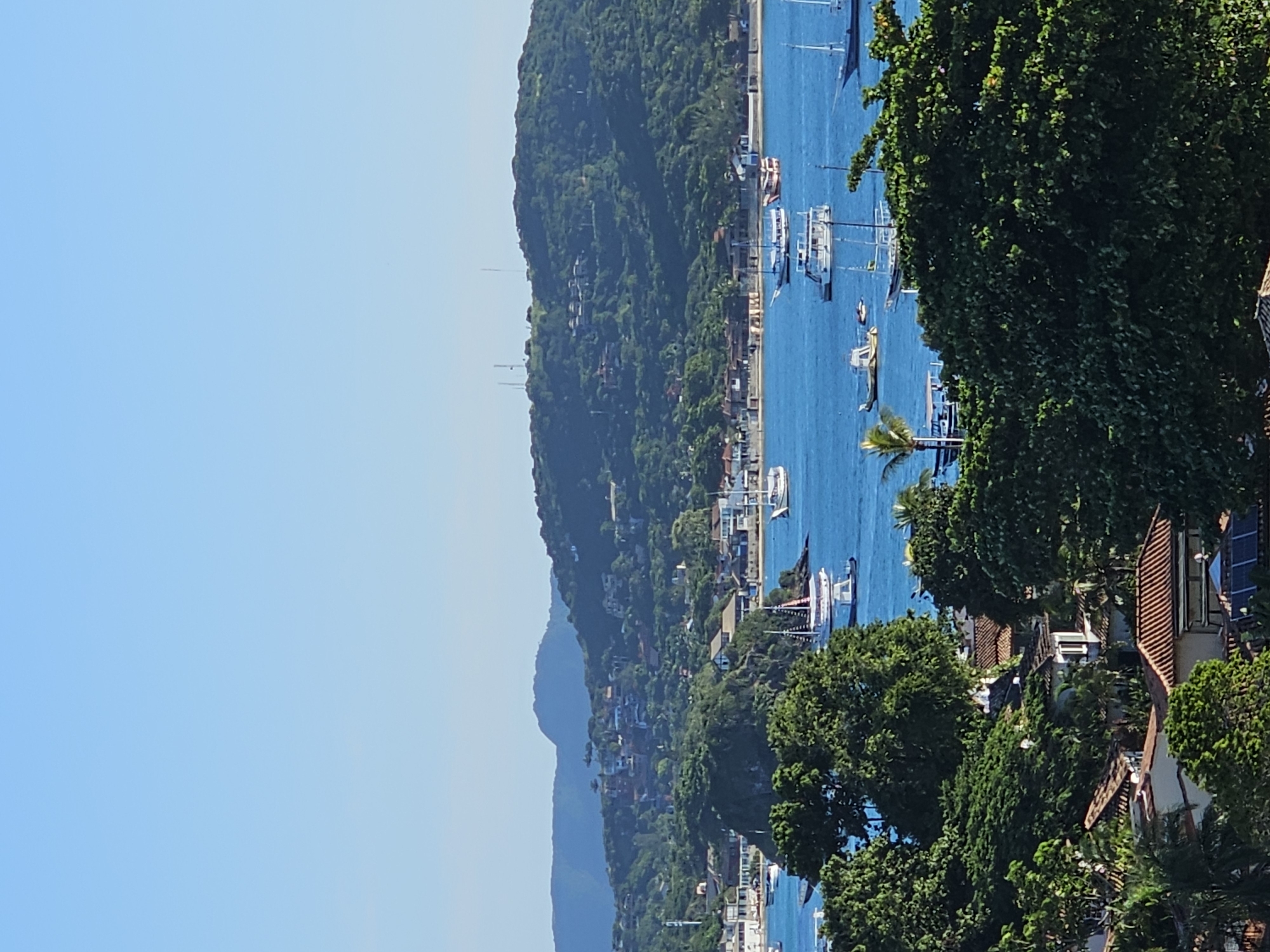 The image depicts a coastal scene in Armação dos Búzios, Brazil. A body of water, possibly a bay or inlet, is dotted with numerous boats, likely sailboats or small recreational vessels. The water is a vibrant blue. A lush, green hillside rises from the water's edge, densely populated with vegetation and residential buildings. The sky is clear and blue. Foreground elements include dense tree foliage and rooftops of nearby buildings, suggesting a high vantage point for the photograph. The general atmosphere is bright and sunny, characteristic of a coastal tropical environment.