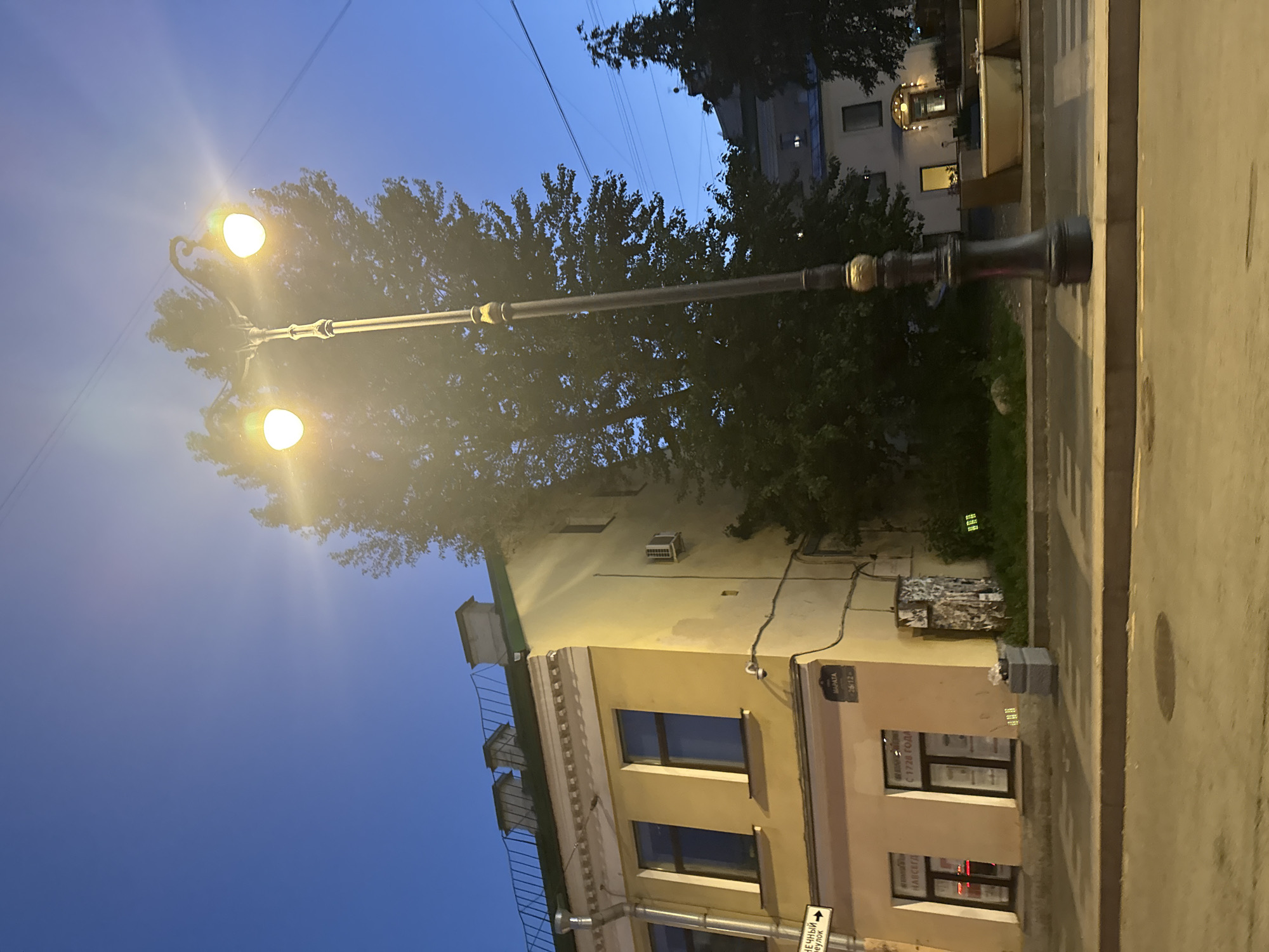 The image depicts a street scene in Saint Petersburg, Russia, at dusk. A prominent street lamp with two illuminated bulbs stands in the foreground, casting a warm glow. Behind it, a tall, leafy tree is silhouetted against the twilight sky. To the left, a yellow building with multiple windows and a green roof is visible. A street sign in Russian is attached to the building, reading "МАРАТА 26/12". The street is paved, with a crosswalk marked by white lines. A drain cover is visible on the road surface. The overall impression is that of a quiet urban evening.