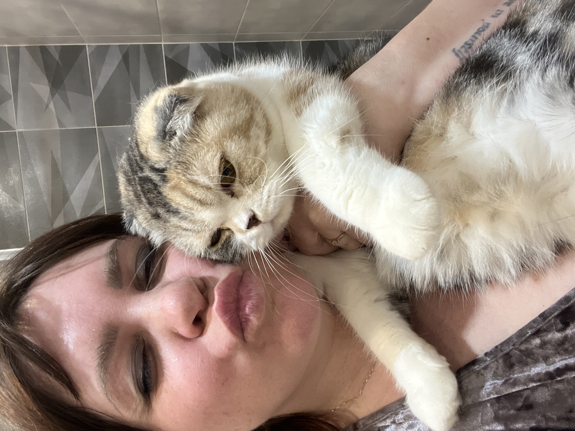 A woman with brown hair is lying down and holding a cat. The cat is lying on her chest. The woman is wearing a gray shirt. The cat is a Scottish Fold cat with white, tan, and gray fur. The background is a gray tiled wall. The woman has a tattoo on her inner arm that reads "be yourself". The location is Noviy, Russia.