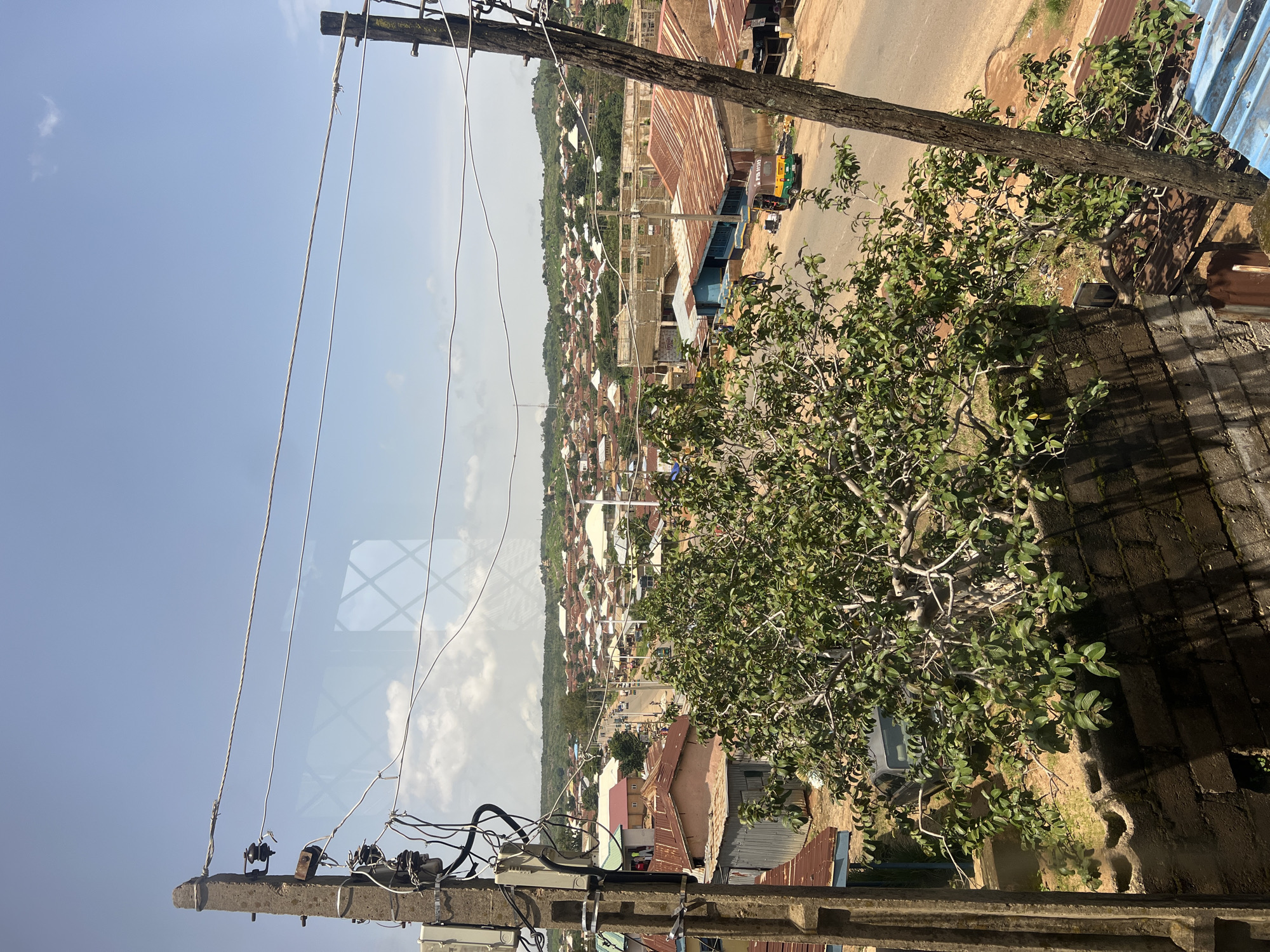 The image is an elevated view of a residential area in Jos, Nigeria. In the foreground, two utility poles with electrical wires are visible, one on the left and one on the right. A large, leafy green tree with visible branches occupies the center of the frame, partially obscuring the view of the structures below. Behind the tree, a brick wall is present. Beyond the wall, the scene opens up to a dense collection of buildings with corrugated metal roofs, characteristic of urban or peri-urban settlements in Nigeria. A paved road runs through the settlement, with a three-wheeled auto-rickshaw (Keke Napep) and a passenger car visible on it. In the background, more buildings extend across rolling hills, with lush green vegetation covering the landscape. The sky is bright blue with scattered white clouds, suggesting a clear day. The overall impression is of a vibrant, densely populated area under a sunny sky.