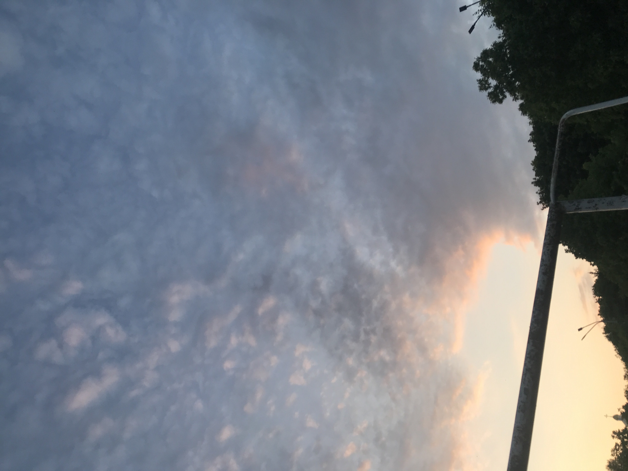 This media file captures a twilight sky, likely either sunrise or sunset, in what appears to be an urban or suburban setting, with the provided context of Ternopil, Ukraine. The image is oriented vertically (rotated 90 degrees clockwise from its natural horizontal orientation), showing the sky prominently.
The dominant feature is the sky, filled with a patchwork of clouds. These clouds exhibit varying shades of blue-gray across most of the frame, interspersed with warmer tones of soft pink, orange, and pale yellow, particularly towards the right side of the image, indicating the sun's position below the horizon or just rising/setting. The cloud patterns suggest stratocumulus or altocumulus formations, with some areas appearing more diffused and others with distinct, lumpy textures.
In the upper right and along the right edge of the frame, dense, dark green silhouettes of leafy trees are visible, obscuring the horizon. Partially visible within these trees are dark, angular shapes that appear to be two streetlights on poles. A faint, light-colored dome or spire of a building can be discerned peeking above the treetops on the far right, hinting at local architecture.
A robust, light gray metal structure, possibly a railing, fence, or part of a larger construction like a bridge, runs diagonally from the lower right corner towards the middle right, extending upwards. It shows signs of weathering or rust with darker streaks.
No specific activity or people are visible. The scene is static, focusing on the sky and elements of the immediate environment. There is no visible text within the image. The overall mood conveyed by the soft lighting and cloudscape is tranquil and atmospheric.