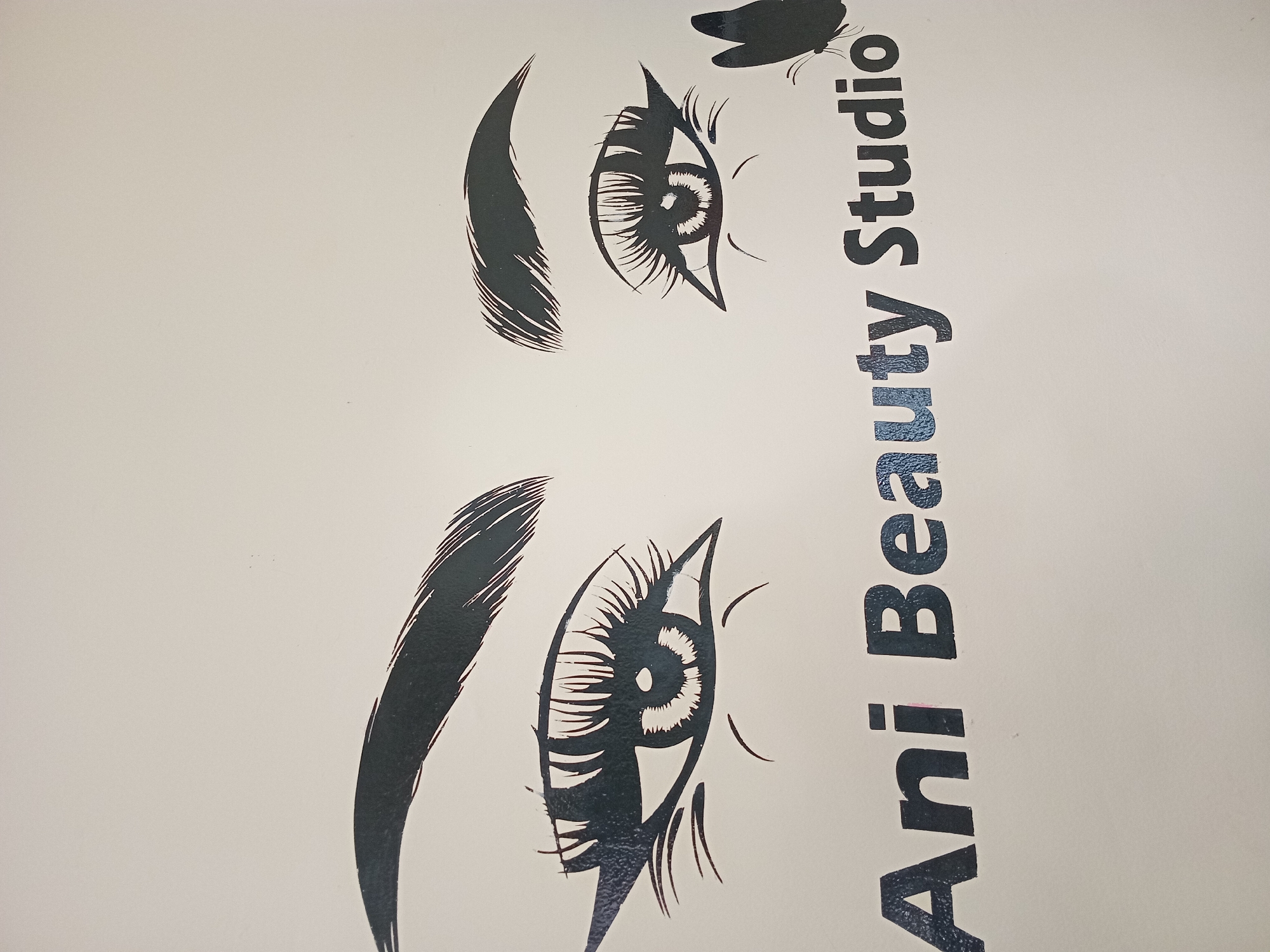 This media file displays a sign or poster featuring a stylized, graphic illustration of a pair of human eyes with prominent eyebrows and long, detailed eyelashes. The artwork is rendered in black against a plain, light-colored background, possibly off-white or cream. The style of the eyes is distinct, with sharp lines, intricate lash details, and a swirling pattern within the irises, suggesting an artistic or modern aesthetic commonly associated with beauty or cosmetic services.
The image is captured with a 90-degree clockwise rotation, so the eyes and accompanying text appear vertical in the photograph. Alongside the eye illustration, the text "Ani Beauty Studio" is prominently displayed in a bold, sans-serif font, also in black. This text is oriented vertically, aligning with the artistic elements.
The sign itself appears clean, with minimal visible texture on the printed black areas, although a few small specks or minor surface imperfections can be observed on the light background. No specific activity is depicted other than the presentation of this branding. The sign likely serves as an advertisement or branding element for a business named "Ani Beauty Studio," which, given the location context, would be found in North Kuta, Indonesia.