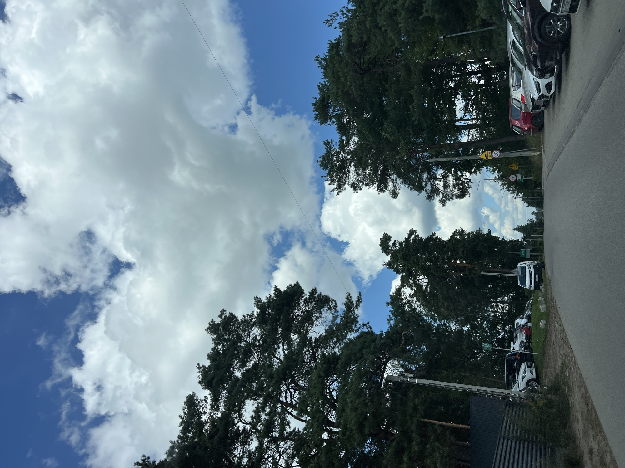 In Porosły-Kolonia, Poland, a paved road leads past a parking area filled with vehicles, including a white van with Polish license plates and a red car, set against a backdrop of lush green trees and a bright blue sky dotted with white, fluffy clouds. A black metal fence borders the left side of the road, and various traffic signs are visible.
