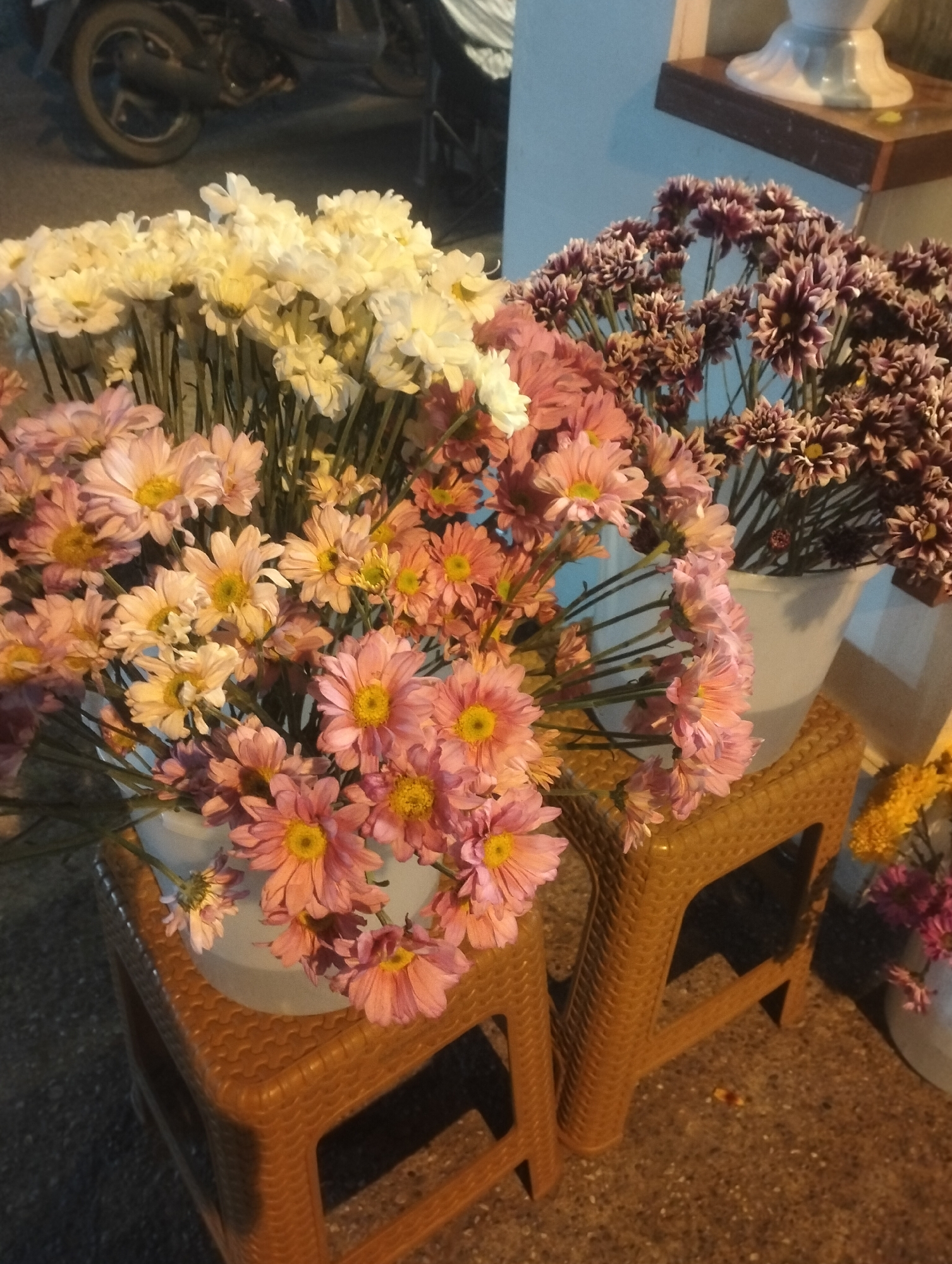 A medium shot captures a collection of flowers displayed in buckets placed on two brown plastic stools. The flowers are predominantly pink and white, with some darker, purplish-hued flowers in the background. The foreground features a motorcycle, partially visible, with its wheel and part of the frame in focus. The background is blurred, showing a wall and what appears to be a shelf with a white vase. The setting suggests an outdoor market or street vendor stall in Air Jamban, Indonesia, likely at dusk or early morning due to the lighting conditions. The ground is paved with a rough texture, possibly concrete or asphalt.