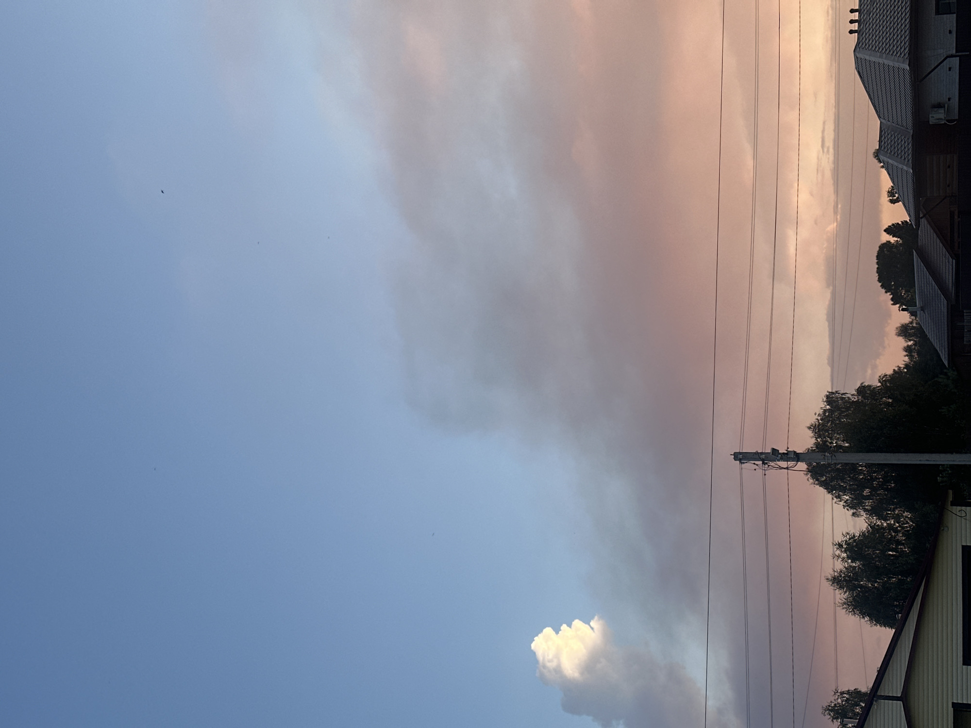 The image captures a sky filled with a gradient of blue and pinkish-orange hues, indicative of a sunset. A large, bright white cloud is positioned on the left side of the frame, contrasting with softer, diffused clouds that span the right side. The sky appears clear with a few small, dark specks, possibly birds or insects, visible.
In the lower portion of the image, a silhouette of trees and the roofs of several houses are visible. Power lines stretch horizontally across the frame, supported by a utility pole on the right. The architecture suggests a residential area, possibly a village or the outskirts of a town. The overall impression is of a tranquil evening in a rural or suburban setting. The location is stated to be Kharnavy, Russia, but this cannot be independently verified from the visual information alone. There are no people or discernible actions taking place in the image.