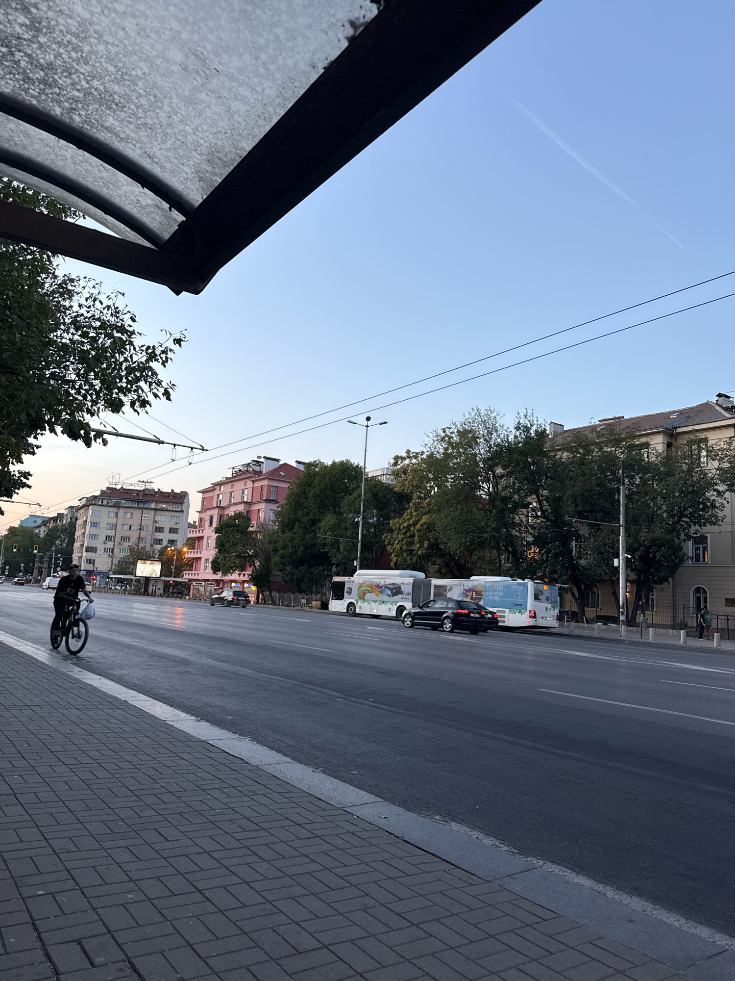 The image captures a street scene in Sofia, Bulgaria, likely near a bus stop, with a view towards residential and commercial buildings. In the foreground, a pedestrian walkway made of grey interlocking bricks is visible, with a dark grey curb separating it from the asphalt road. A cyclist, dressed in dark clothing, is riding a bicycle along the side of the road.
The road itself is wet and appears to have multiple lanes. Several vehicles are present, including two buses, one white with colorful graphics and the other a more standard white bus. A black sedan is also visible on the road.
In the background, a line of multi-story buildings, some with light-colored facades and others painted pink, line the street. Trees with green foliage are interspersed between the buildings and along the roadside. Overhead, there are electrical wires for what appear to be trams or trolleybuses. The sky is a clear, pale blue with a faint contrail from an airplane. A portion of a bus stop shelter with a dark frame and translucent roof is visible in the upper left corner of the image. The overall lighting suggests it is either early morning or late evening.