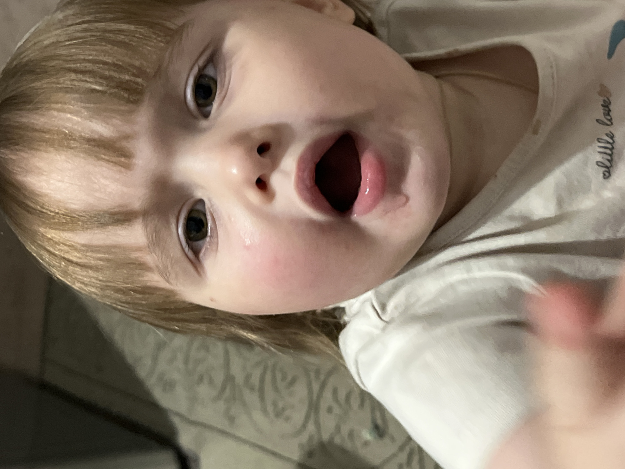 A close-up, slightly rotated image shows a young child with blond hair and fair skin. The child's mouth is open, possibly mid-speech. The child is wearing a light-colored shirt with writing on it. The background is out of focus, revealing a patterned surface suggestive of a floor or furniture. No location is discernable.