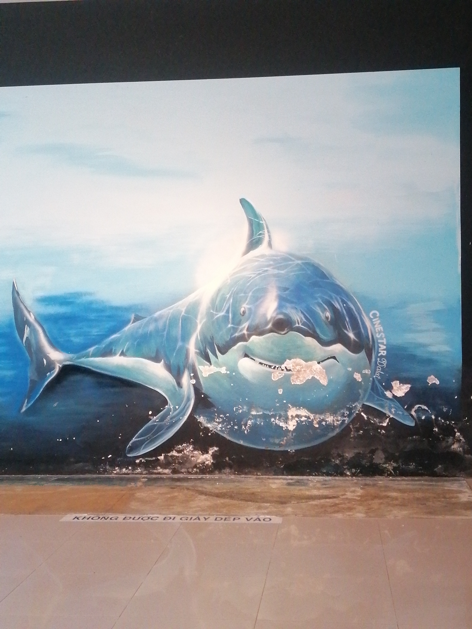 This indoor photograph captures a large, floor-and-wall-spanning 3D mural depicting a stylized shark emerging from the ocean, likely situated in a public venue in Da Lat, Vietnam. The painting portrays a blue and white shark, with an ethereal quality, appearing to breach dark blue water that transitions to lighter blue and a light blue-white sky above. The shark's body displays internal skeletal or muscular lines, and its mouth is open, revealing teeth. Notable damage or wear is visible on the painting, specifically around the shark's mouth, characterized by flaking white or silver material. White text reading "CINESTAR Da Lat" is vertically inscribed on the right side of the painting.
The foreground features a light-colored tiled floor with visible grout lines. A white strip of text on the floor, immediately adjacent to the painting, states "KHÔNG ĐƯỢC ĐI GIÀY DÉP VÀO" (Vietnamese for "DO NOT WEAR SHOES/SANDALS"). Above the painting, a uniform black border or wall section occupies the upper portion of the frame. The scene is illuminated, with a bright light source appearing to emanate from behind the shark's dorsal fin, creating a luminous effect. No individuals are present in the image.