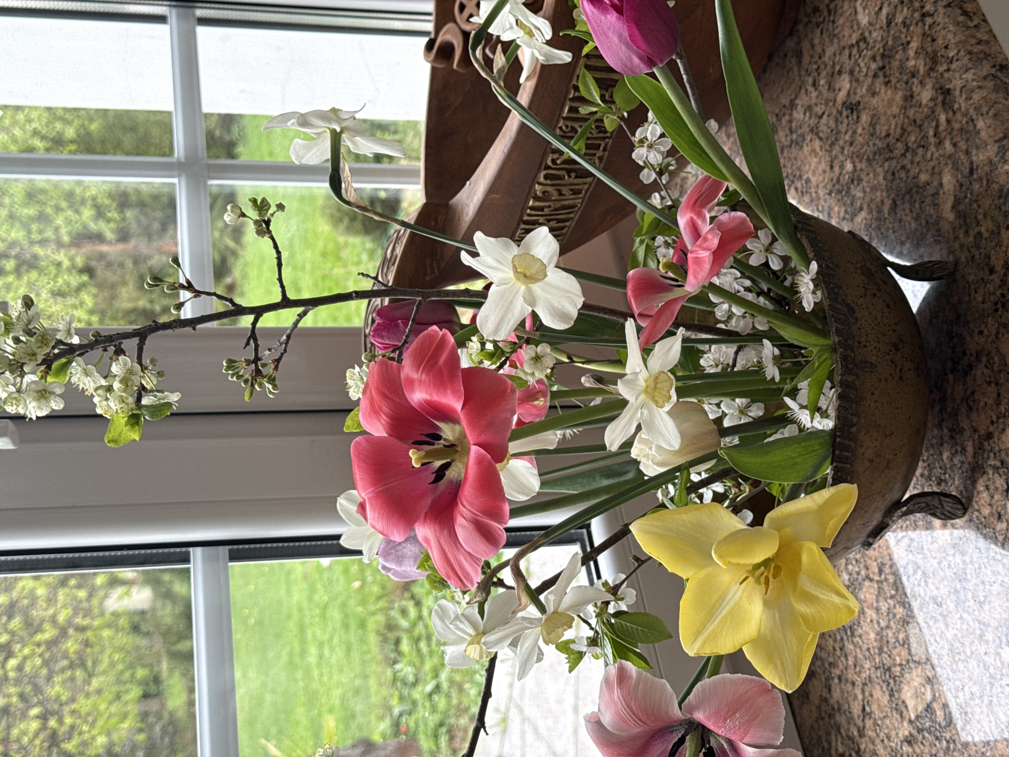 A close-up shot of a floral arrangement placed in front of a window. The arrangement features tulips (pink, yellow, and purple), daffodils (white), and sprigs of white blossoms. The arrangement is held in a dark-colored vase or container with ornate metal accents. Behind the arrangement, a window with multiple panes offers a view of greenery outside, potentially indicating a garden or park. Light is streaming in from the window, illuminating the flowers and casting shadows on the vase and countertop. The location is Sapronovo, Russia, though this detail is not directly apparent in the image itself but inferred.
