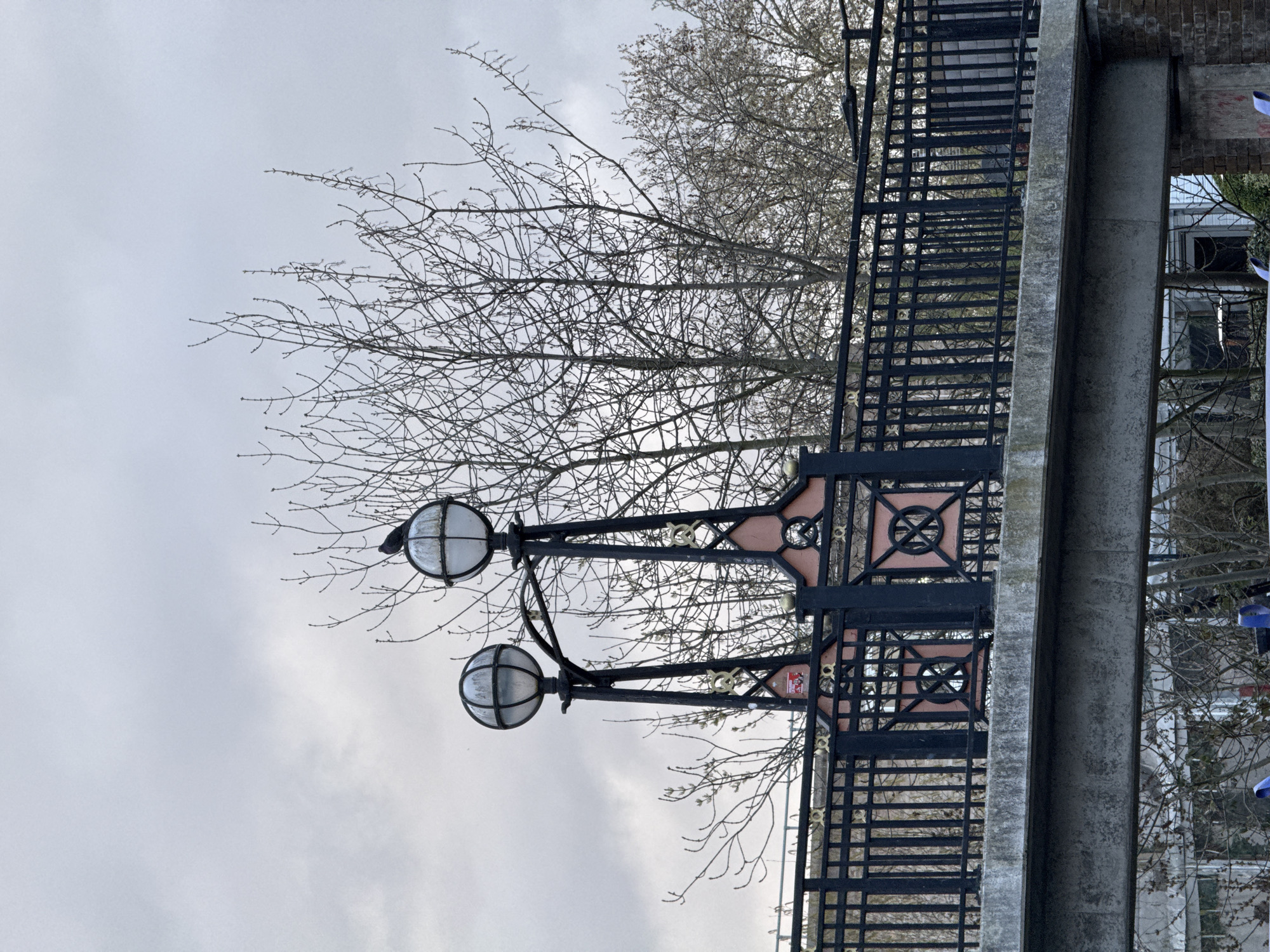 The image shows a view of a black metal fence with decorative lamps in London, United Kingdom. The fence appears to be on a bridge or elevated walkway, with bare trees visible behind it against a cloudy sky. The lamps are spherical and mounted on ornate black posts. The image is oriented vertically, suggesting it may have been taken with a phone or other mobile device.