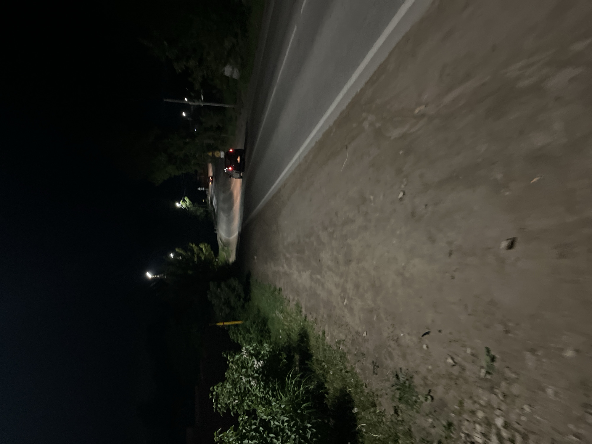 A nighttime shot of a road in Chaikovsky, Russia, features a partially visible vehicle with illuminated taillights driving into the distance. Streetlights illuminate the road and surrounding trees. The shoulder of the road is dirt, with vegetation growing along the edge. The sky is dark.