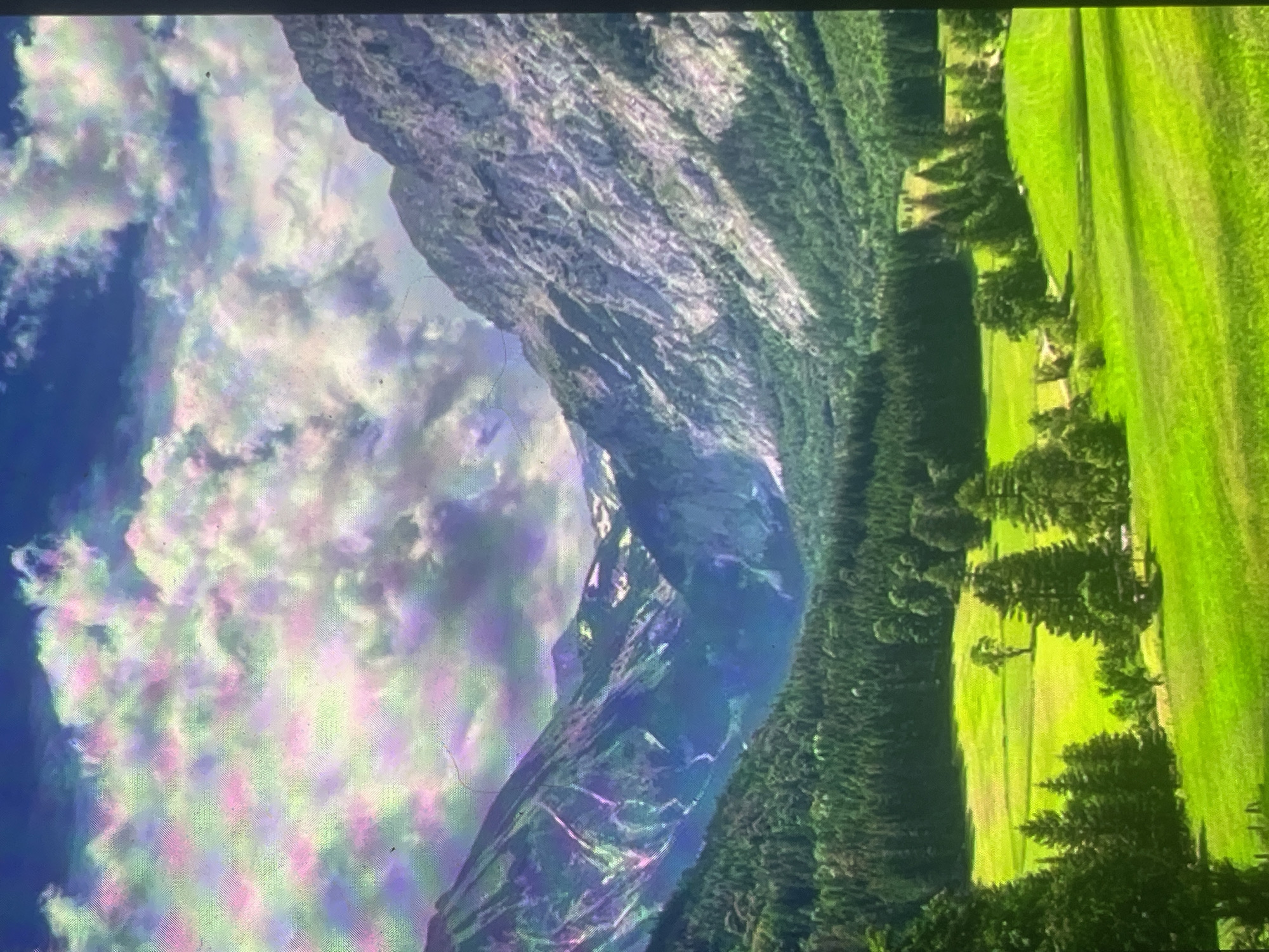 A panoramic view captures a vast mountain landscape located in Zelenyi Hai, Ukraine. The upper portion of the scene features a blue sky partially obscured by large, cumulus-like clouds exhibiting prominent multi-colored banding in pink, green, purple, and blue, suggesting an optical artifact from a screen capture. Dominant, rugged mountains flank a central valley; the left range displays dark green forested lower slopes transitioning to lighter, rocky upper sections with visible striations, while the massive right mountain is primarily grey, textured rock appearing largely devoid of significant vegetation. A dense expanse of dark green coniferous forest fills the mid-ground, covering the lower slopes of the mountains and the upper parts of the valley floor. The foreground comprises brightly lit, vibrant green fields or meadows, containing scattered coniferous trees and a distinct single deciduous tree in the central field. No people, animals, or prominent man-made structures are visible. The entire image exhibits a distinct diagonal line pattern, consistent with a photograph of a digital display, noticeable across all areas.