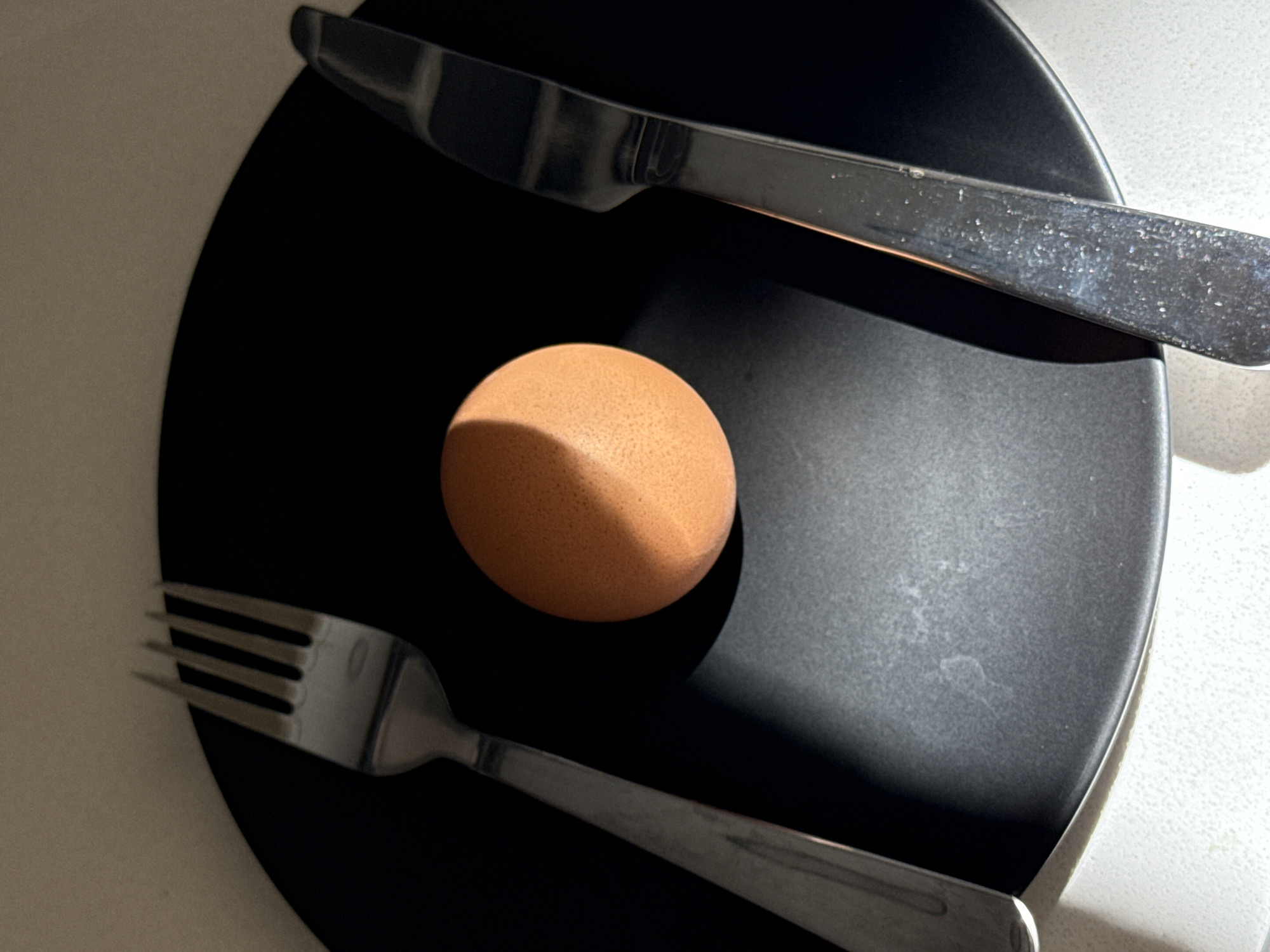 The image depicts a hard-boiled egg on a black plate, accompanied by a knife and fork. The egg is brown. The knife and fork are silver-colored and show signs of wear. The scene is likely indoors, and the lighting suggests a single light source positioned to the right. There is no indication of the image's location being in Barcelona, Spain.