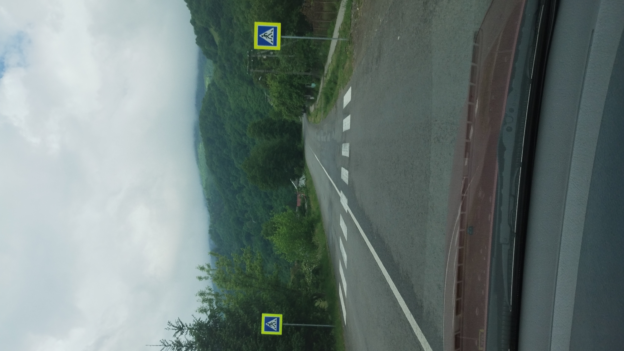 Captured from inside a vehicle, the image shows a road ascending a hill in Rakhiv, Ukraine. A single white line divides the gray asphalt road, with a pedestrian crosswalk marked by white rectangles along the roadside. Two yellow pedestrian crossing signs, one at the bottom and one at the top of the frame, are visible on the sides of the road. Lush green vegetation covers the hills in the background, shrouded partially in low-lying clouds. The car's interior elements, including the dashboard, are partially visible in the foreground.