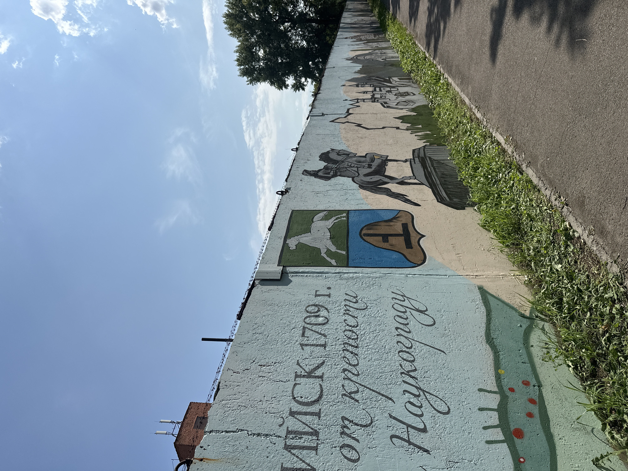 This image depicts a section of a long, light blue concrete wall adorned with a mural. The mural features historical and symbolic imagery. On the left side, large, dark lettering reads "ИЙСК 1709 г. от крепости Наукограду" (likely referring to Biysk, founded in 1709 as a fortress and now a science city). To the right of the text, there is a crest with a white horse against a green background, and a shield with blue and brown elements. Further to the right, a black statue of a man on horseback is painted, standing on a pedestal. The mural continues along the wall with a stylized landscape that includes mountains, buildings resembling castles or cathedrals, and trees. The wall itself is topped with barbed wire, suggesting it is a security fence.
The mural is situated next to an asphalt path, which runs along the right side of the frame. The path is partially shaded by trees. On the left side of the wall, at the very top edge, a brick building with two antennas is visible against a clear blue sky with sparse white clouds. Green grass and some weeds grow at the base of the wall. The overall impression is of an outdoor scene, possibly a public space or a pathway adjacent to a secured area, in the city of Biysk, Russia.