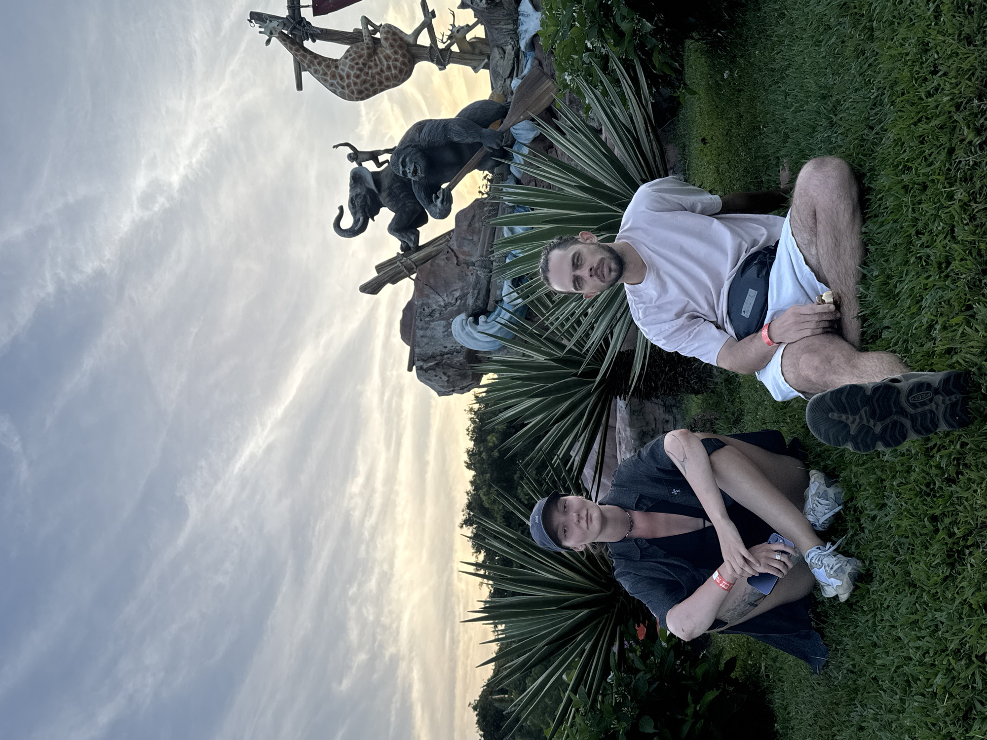 Two individuals are sitting on the grass in front of a large decorative structure featuring various animal figures in a park setting. The animal figures include a giraffe, an elephant, a gorilla, and a monkey. The sky is cloudy and suggests twilight. One individual wears a white shirt and light-colored shorts, and the other wears a dark shirt, a cap, and shorts. The location is likely in Đà Nẵng, Vietnam, given the presence of tropical vegetation and the general environment.
