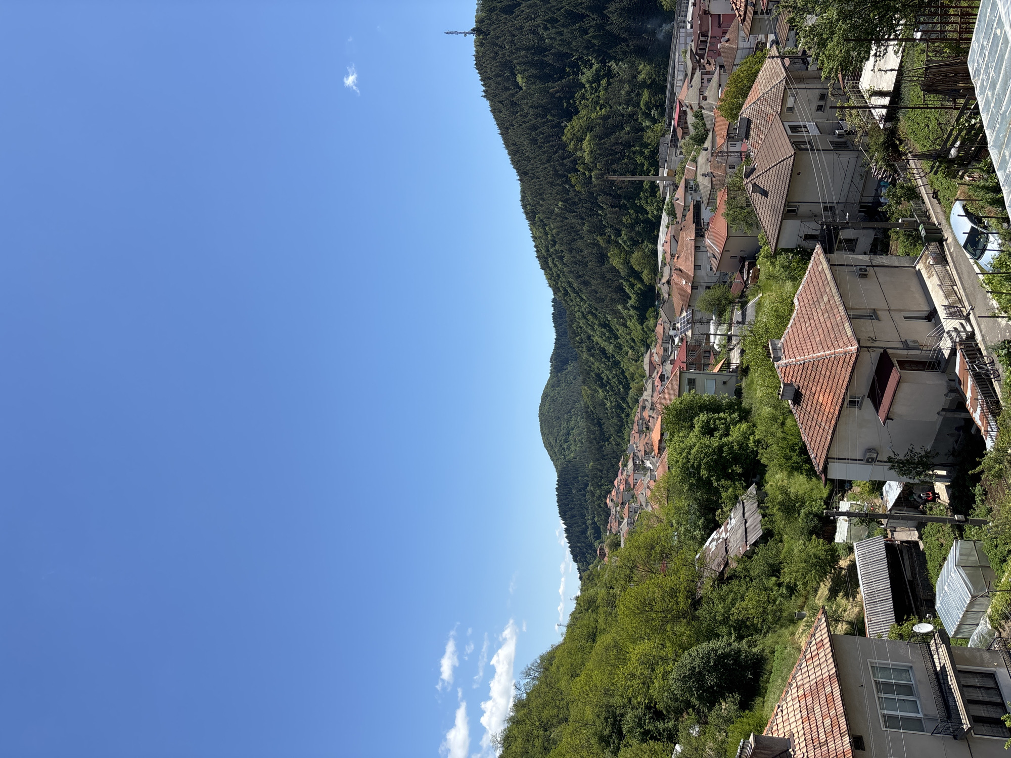 Captured from an elevated perspective, the image portrays a scene in Zlatograd, Bulgaria, characterized by a blend of residential structures and natural elements. The foreground includes rooftops of buildings with terracotta tiles, interspersed with greenery. Adjacent to the buildings is a densely forested hillside that rises steeply towards the top of the image. This area includes a transmission tower protruding from the tree line. The upper left section of the image shows a clear, blue sky with sparse clouds. The image does not include people or any visible actions or interactions.