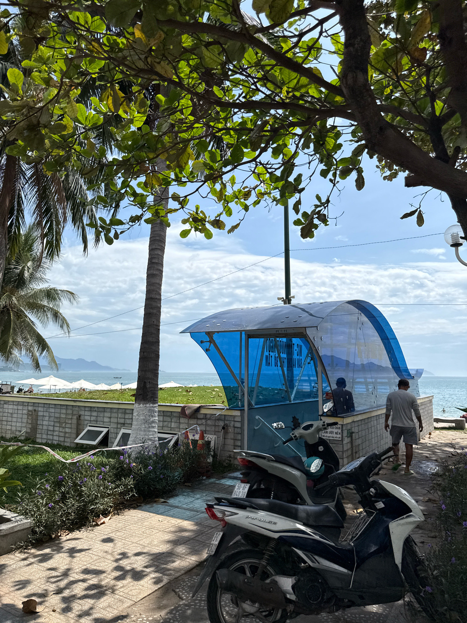 This image depicts a scene in Nha Trang, Vietnam, likely along the beachfront. In the foreground, there is a tiled walkway with dappled sunlight and shadows, flanked by vegetation including small purple flowers and some fallen leaves. Two motorcycles are parked on the walkway. Behind the walkway is a low stone wall topped with a metal railing. Beyond the wall, there is a grassy area and a covered structure with a blue, curved roof and transparent panels, possibly a public restroom or changing facility. A person in a grey long-sleeved shirt and shorts is walking away from the viewer towards the beach. In the background, there is the ocean, a hazy horizon with mountains, and a cloudy sky. Palm trees are visible on the left side of the image. Several white beach umbrellas are set up on the sand in the distance.