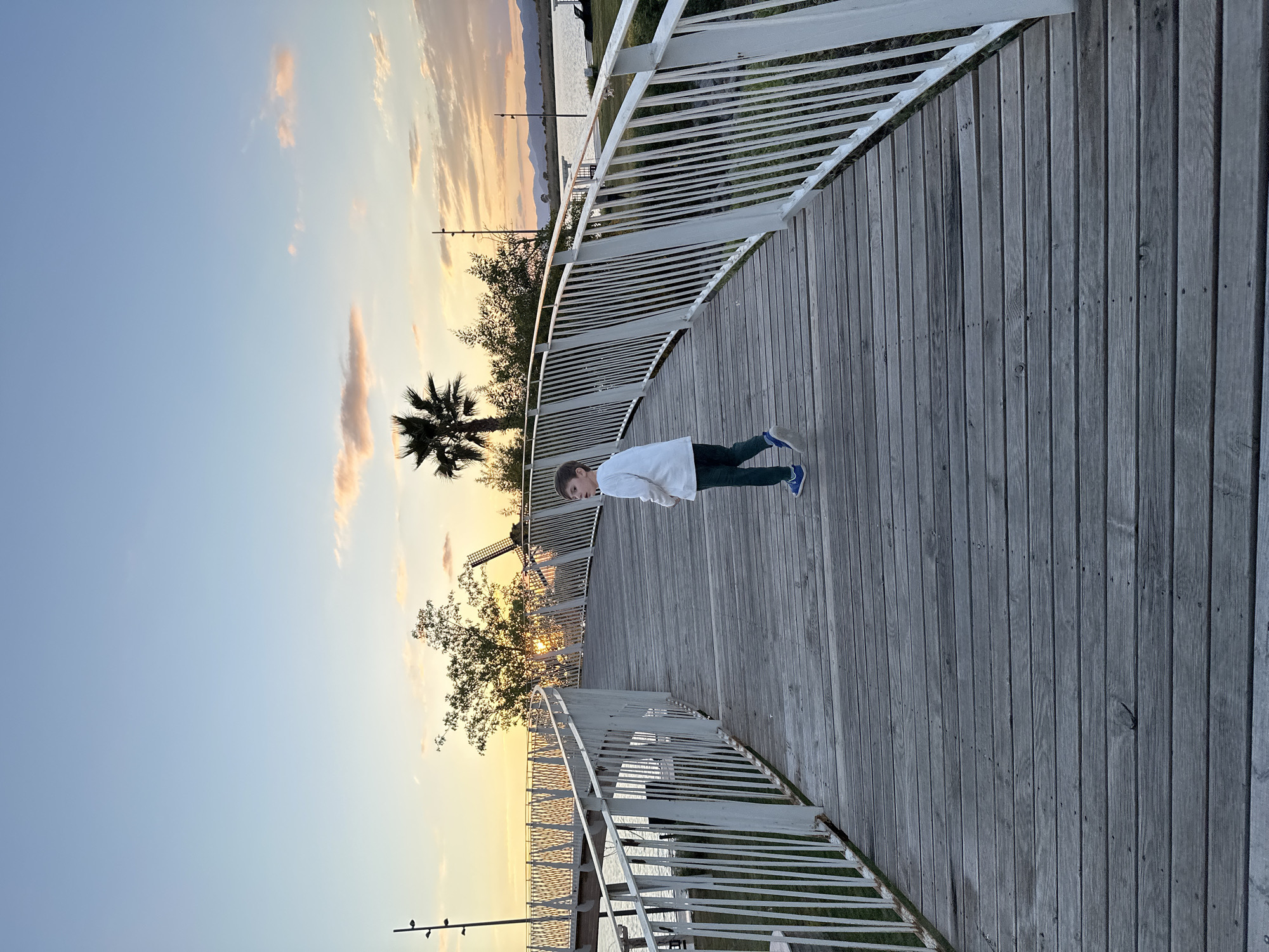 A young person is standing on a wooden boardwalk with a white railing in Fethiye, Turkey. The boardwalk curves, and a palm tree and other vegetation are visible in the background against a sky with hues of yellow and blue, suggestive of sunset. The background also features a body of water. The boardwalk is made of parallel wooden planks, and the railing is composed of horizontal bars.