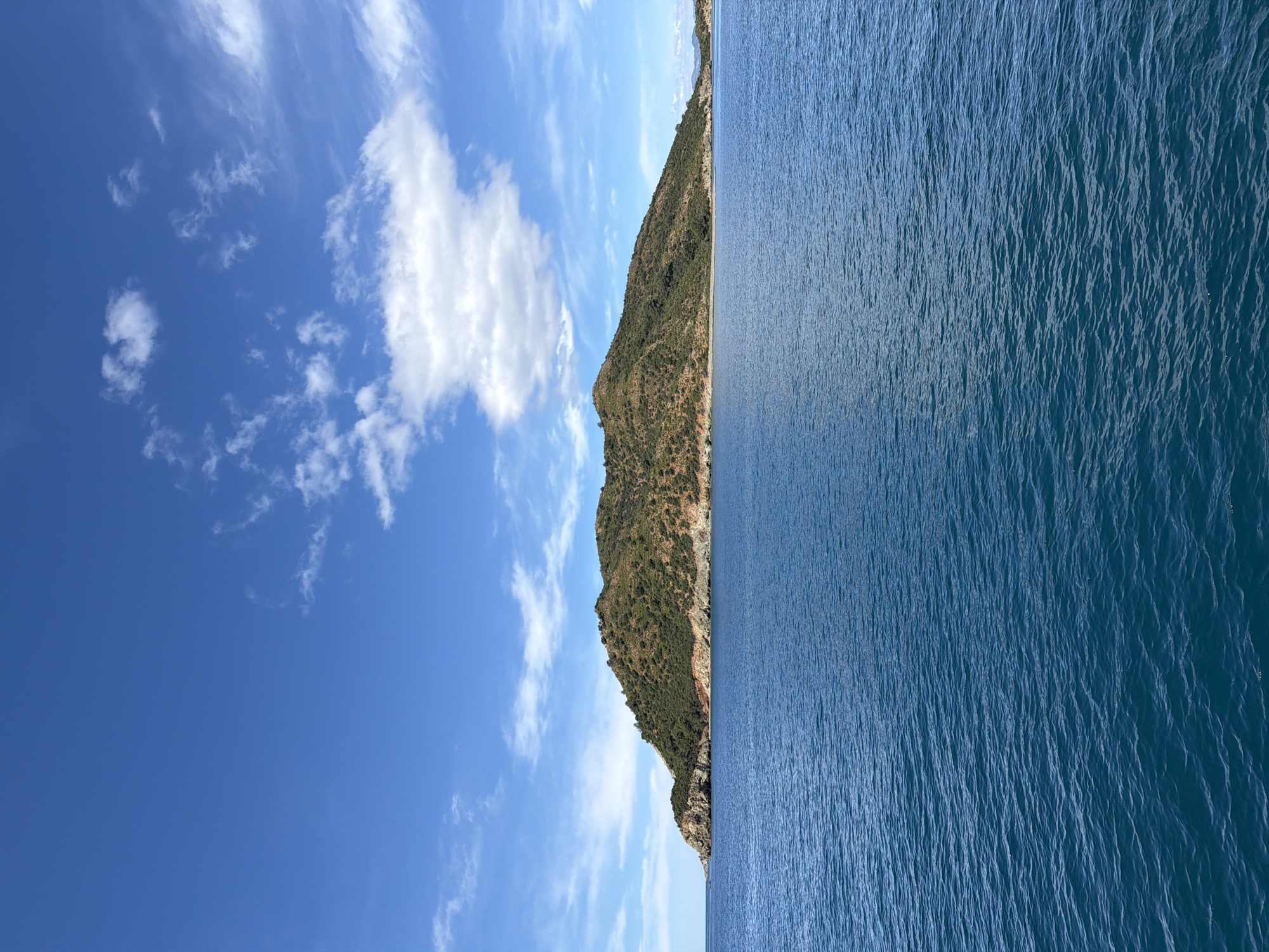 The image shows a scene of a landmass bordering a body of water. The landmass is covered in vegetation and appears to be a hilly or mountainous area. The water is blue and has a textured surface, suggesting it is a sea or large lake. The sky is partially visible, displaying a bright blue color with scattered clouds. The image is rotated 90 degrees counterclockwise. The location is Unknown, Türkiye. There are no people visible in the image.