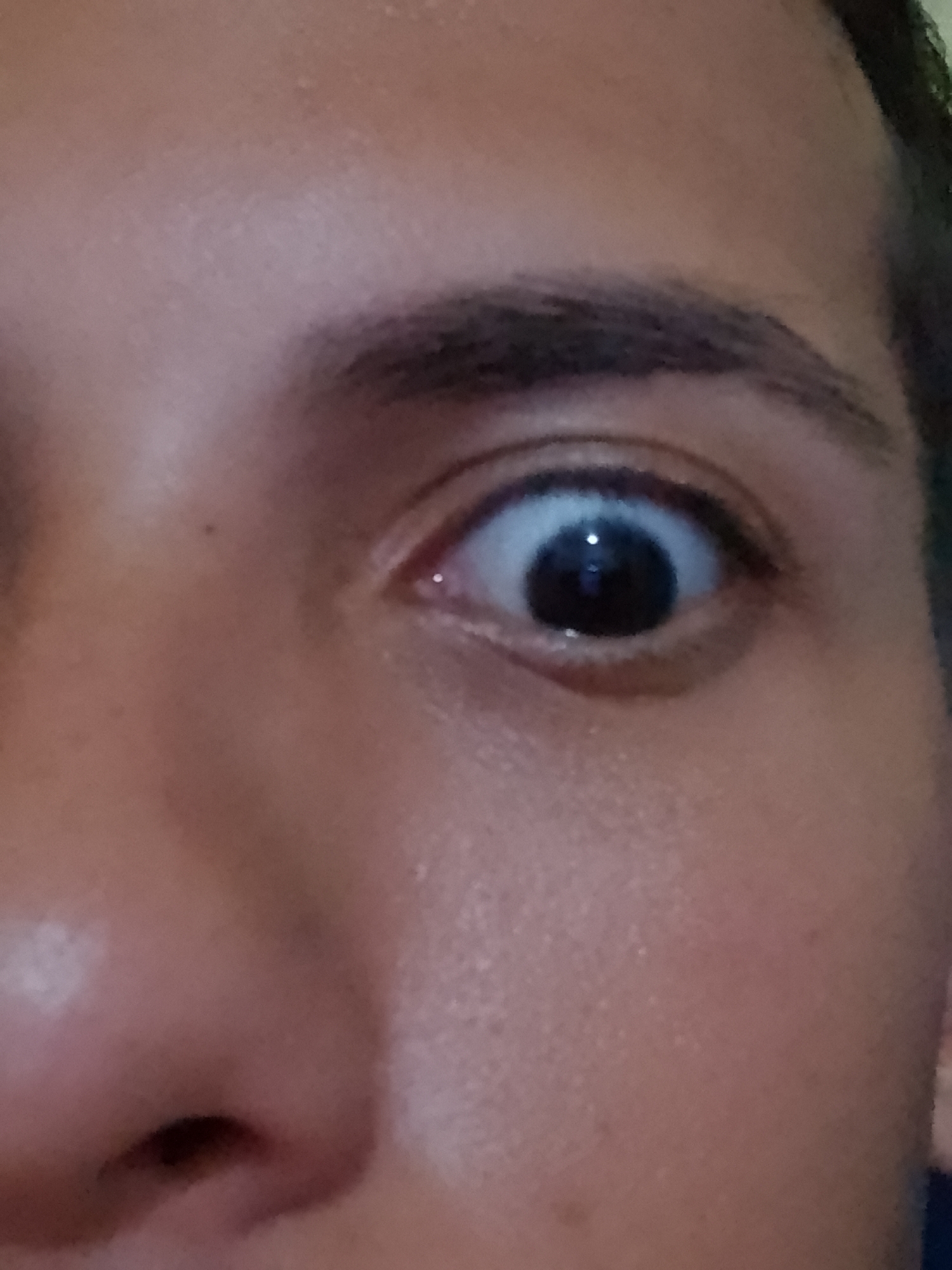 A close-up, indoor photograph captures a person's right eye, eyebrow, and a portion of their face. The eye is wide open, revealing a dark pupil and a visible white sclera. Above the eye, a well-defined eyebrow is present. The skin appears to have a light brown tone. The photograph does not provide sufficient information to verify the specific location in Pampatar, Venezuela.