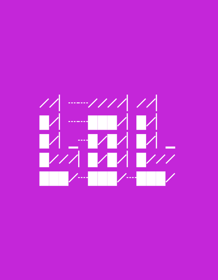 The image is a graphic design on a solid purple background. It features white abstract shapes that resemble block letters. The shapes are arranged in a way that suggests the letters "L", "E", and "L". There are no people, objects, actions, interactions, or environmental details present in the image, and it does not depict any location in Pogar, Indonesia.