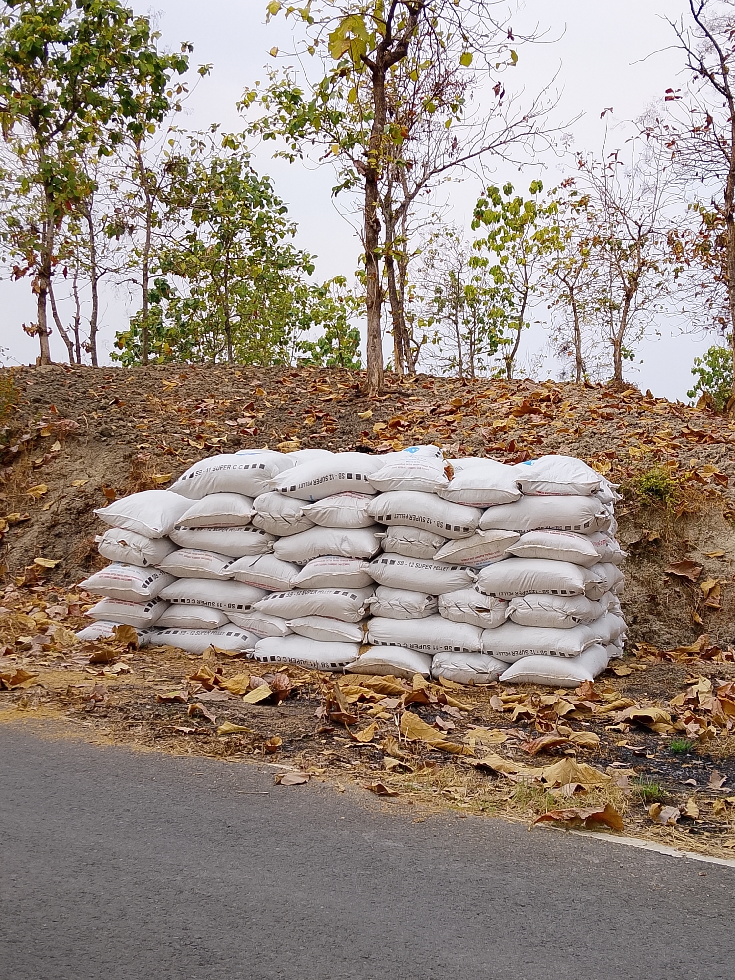 A pile of white sacks is stacked against a dirt embankment lined with dried leaves and sparse trees. The sacks are uniformly white with some displaying text that appears to read "SB-11 SUPER PELLET" and "SB-12 SUPER PELLET." The embankment is covered in a thick layer of dried leaves, and several trees with bare branches and some green foliage are visible at the top. A section of asphalt road is visible in the foreground, with more dried leaves scattered along the edge. The sky is overcast. The scene is likely a rural or undeveloped area. There are no people or animals present. This scene could be in Keren, Indonesia, or a similar location.