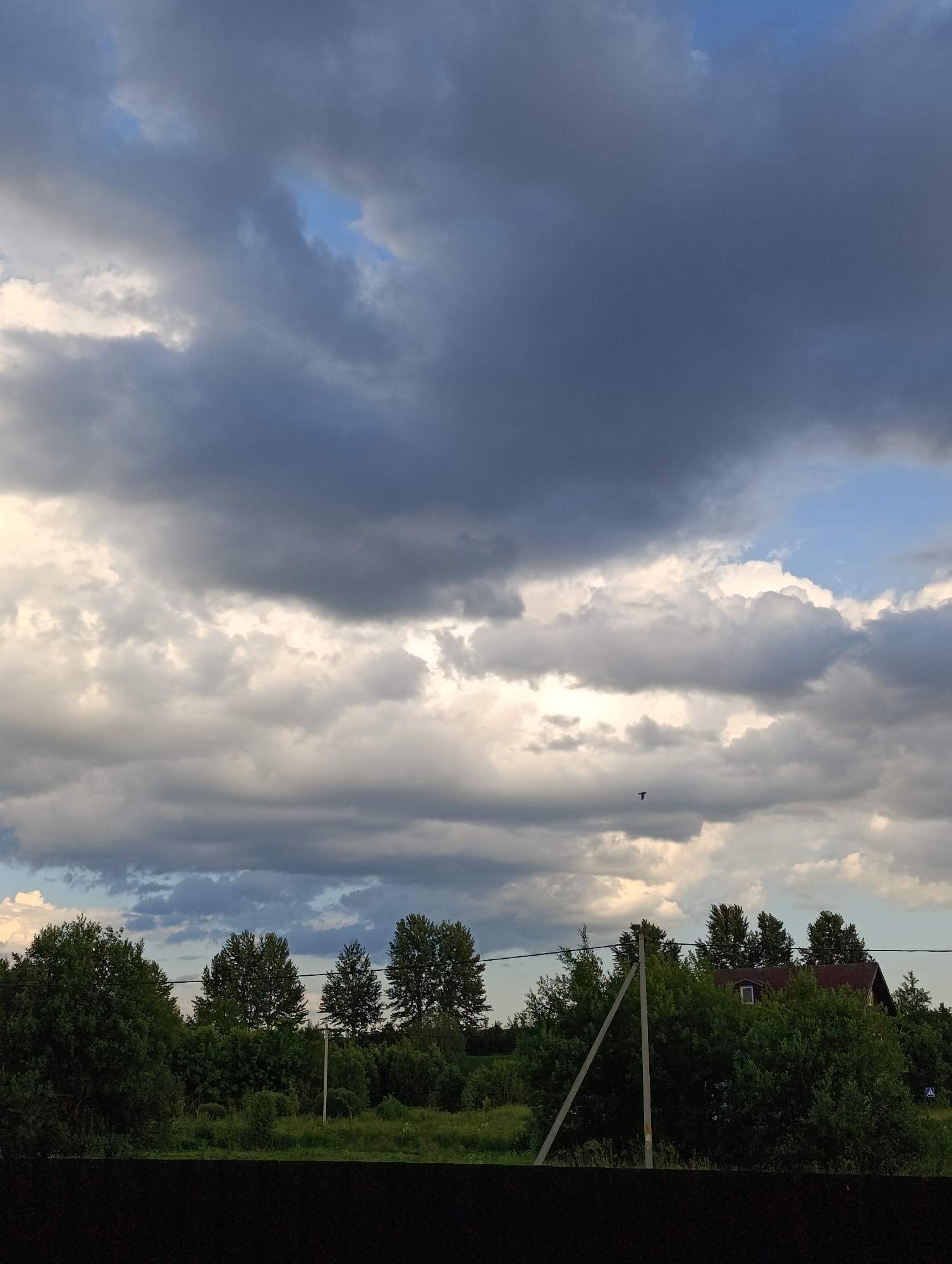 The image depicts a rural landscape under a dramatic, cloud-filled sky. The foreground features a dark, blurred barrier, possibly a fence or a wall, which occupies the bottom portion of the frame. Behind this barrier, a lush, green area of grass and various trees stretches across the middle ground. Among the trees, a power line is visible, supported by a utility pole. To the right of center, a house with a dark roof is partially obscured by dense foliage. A single small window is visible on the upper level of the house. A lone bird is captured in flight against the turbulent sky, adding a sense of movement to the scene.
The sky is dominated by a complex arrangement of clouds, ranging from dark, heavy storm clouds to lighter, more diffused formations. Patches of blue sky peek through, suggesting a break in the weather or an ongoing transition. The lighting indicates it is likely late afternoon or early evening, with the sun casting a softer light that illuminates some of the cloud edges. The overall mood is somewhat somber and atmospheric, perhaps hinting at an approaching storm or the aftermath of one. No text is visible in the image.