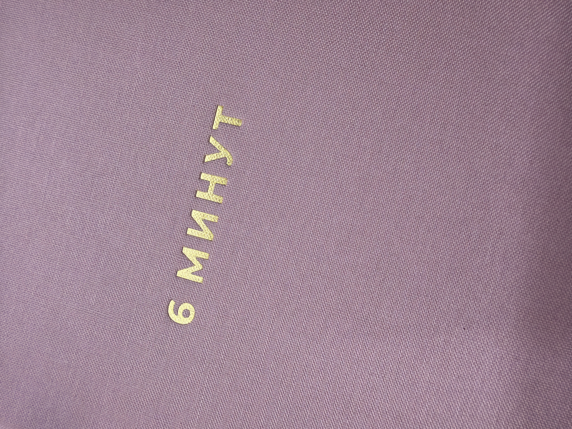The image displays a close-up, angled view of a textile surface, possibly fabric, in a muted lavender or light purple hue. The material exhibits a fine, consistent diagonal weave pattern across its entirety. Gold-colored, metallic text is prominently featured on this surface, spelling '6 МИНУТ' in Cyrillic script, which translates to '6 MINUTES' in English. The lettering appears to be applied with a foil stamping technique, providing a slightly raised texture and a reflective sheen. No individuals, actions, or specific environmental features are discernible within the frame beyond the textured material and text. No visual information within the image itself indicates a geographical location such as the city of Chaikovsky, Russia; the scene is solely focused on this textual object within an unidentifiable setting.
