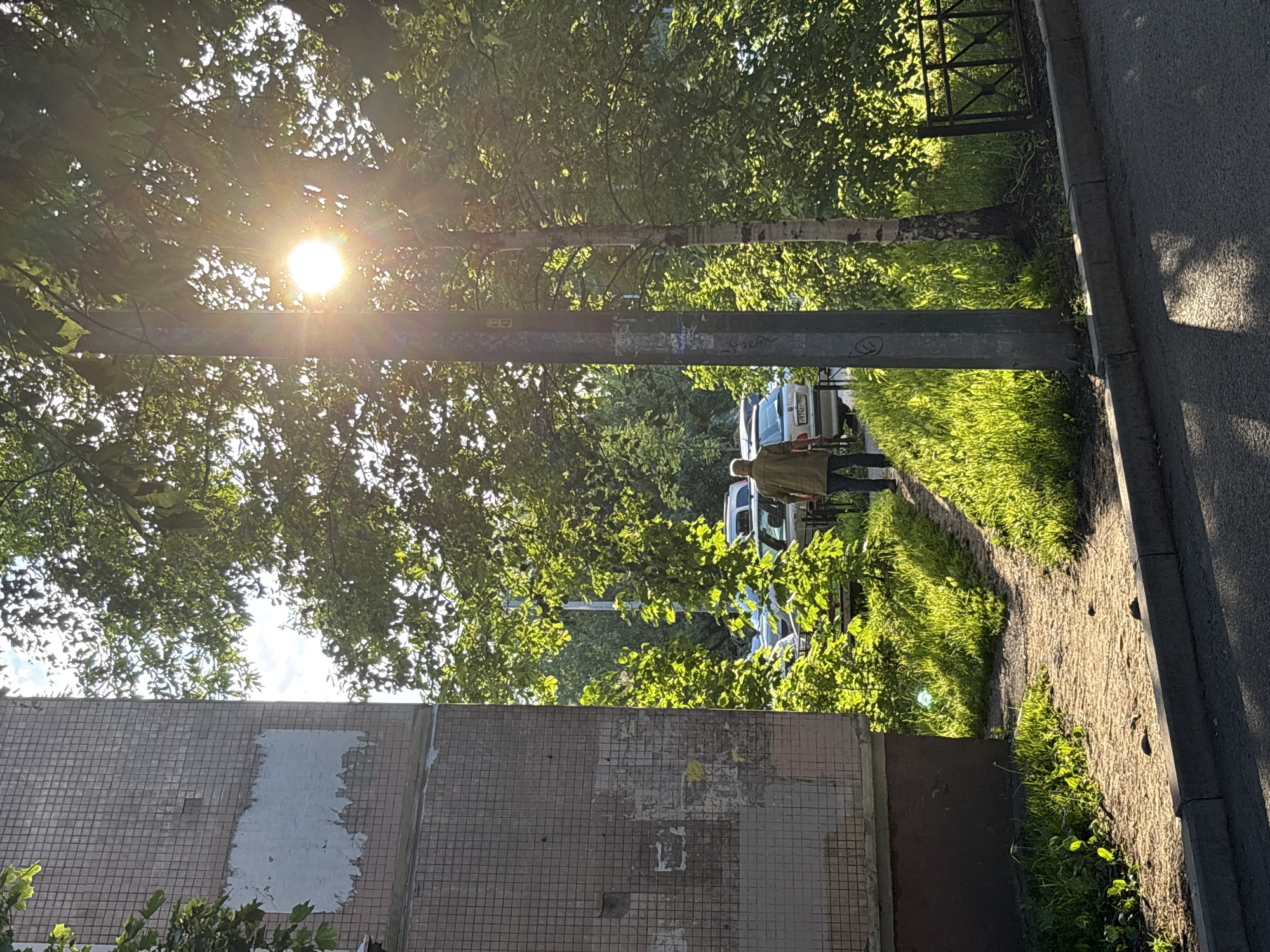 The image depicts a sunny outdoor scene in what appears to be an urban or suburban area of Saint Petersburg, Russia, captured during either morning or late afternoon due to the low-angle sunlight. The bright sun, partially obscured by verdant tree canopies, creates a strong glare in the upper left of the frame.
A person, dressed in a light-colored jacket or hoodie and dark trousers, is walking away from the camera on a well-worn dirt path that runs parallel to an asphalt road on the right side of the image. Between the path and the road, a strip of bright green grass and bushes thrives under the strong sunlight, casting visible shadows. A sturdy utility pole stands vertically in the center, bearing some faint graffiti or stickers. Behind the person and the path, several cars are parked among more trees, including a white van with a visible license plate displaying the numbers "974" and "78", characteristic of Russian plates.
On the left side of the image, the facade of a building is visible, constructed with small, light-brown square tiles. This wall shows signs of age or repair, with several patches where the tiles are missing or covered by a lighter, un-tiled material. A dark metal fence can be seen bordering the road in the upper right corner. The overall scene conveys a typical urban pathway lined with greenery and architectural elements, bathed in warm, natural light.