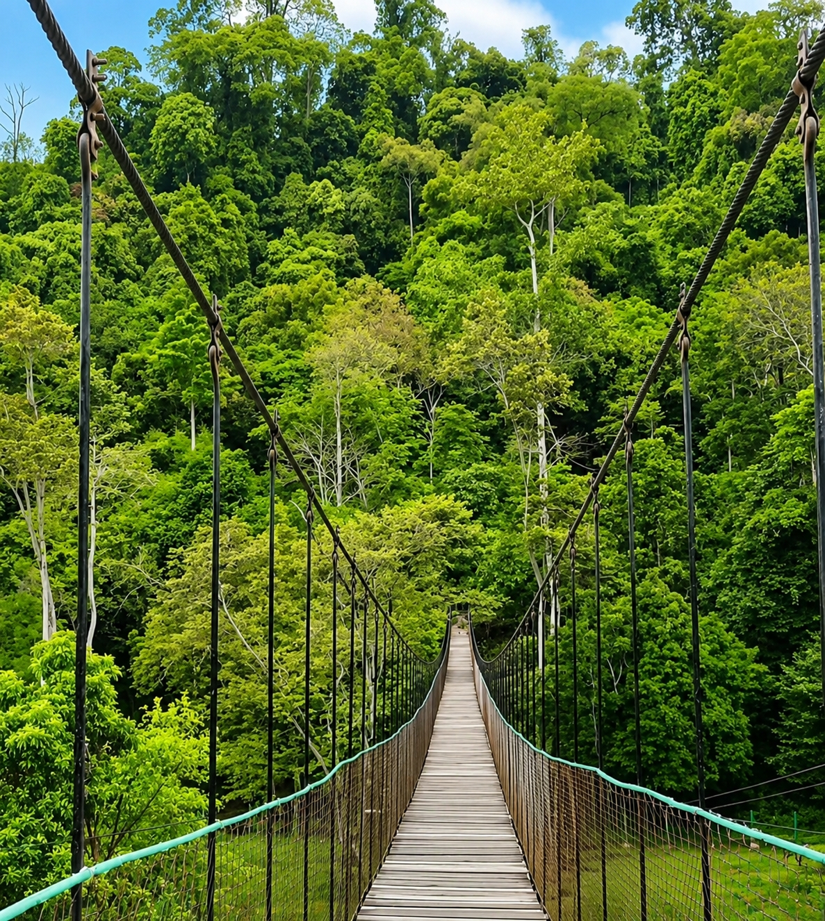 A suspension bridge made of wood and metal spans across a lush, green forest. The bridge is lined with metal cables and wire mesh railings, and its wooden planks are visible under a bright sky. The forest is dense with a variety of trees, their leaves forming a thick canopy. The scene is set in a natural environment, likely a park or a nature reserve. The image captures a perspective looking down the length of the bridge into the heart of the forest.