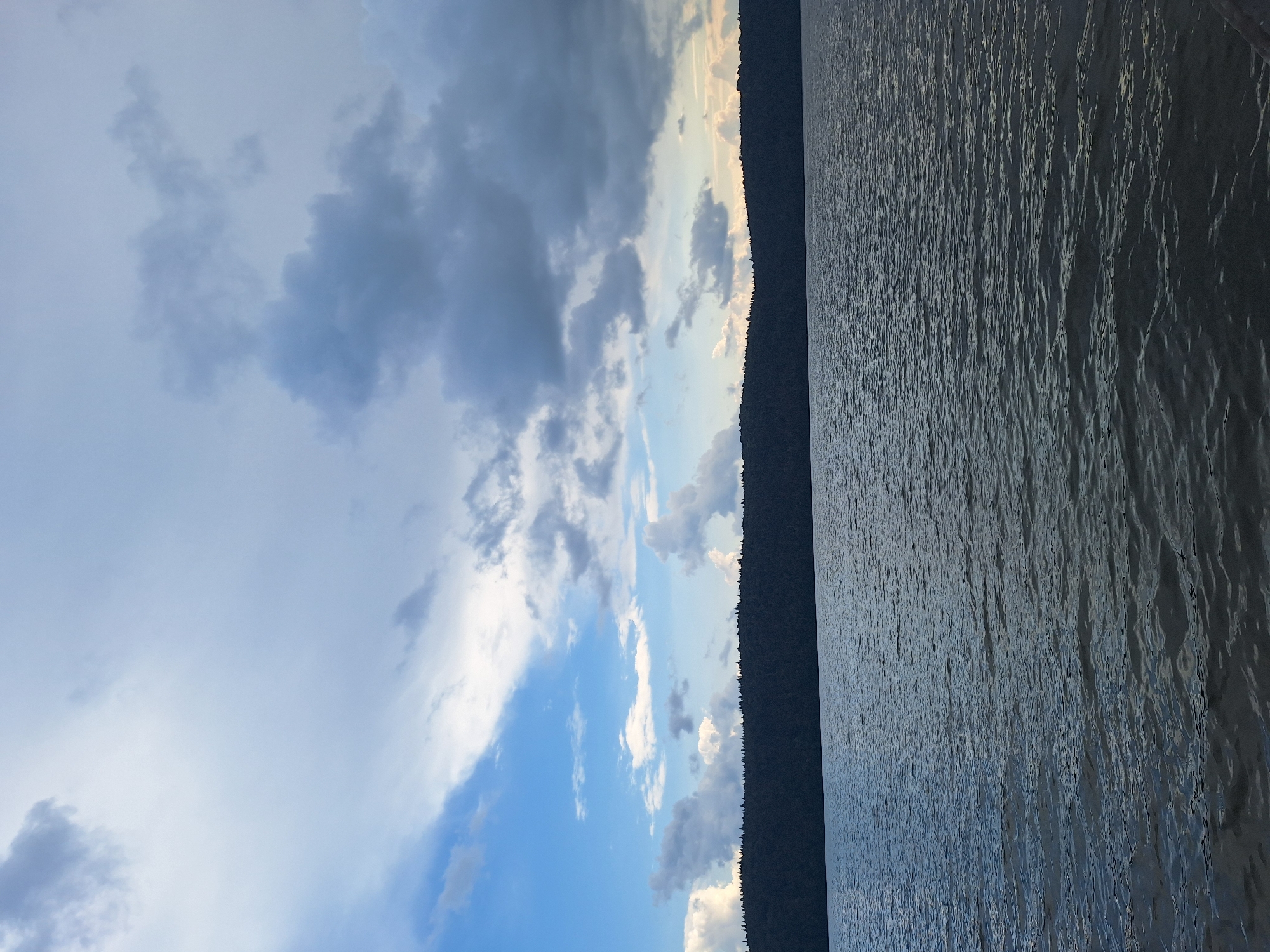 The image depicts a vast body of water, likely a lake or a wide river, under a dramatic sky. The water surface is rippled, reflecting the overcast clouds. Along the horizon, a dense, dark treeline of evergreen trees forms a silhouetted ridge against the sky. The sky itself is a mix of light and dark gray clouds, with patches of bright blue visible through breaks in the cloud cover, suggesting a dynamic weather system. The scene is serene and natural, characteristic of a wilderness area. The location is identified as Атамановка, Russia, suggesting this is a natural landscape within or near the city. There are no people or man-made objects visible in the frame. The overall atmosphere is one of natural beauty and tranquility.