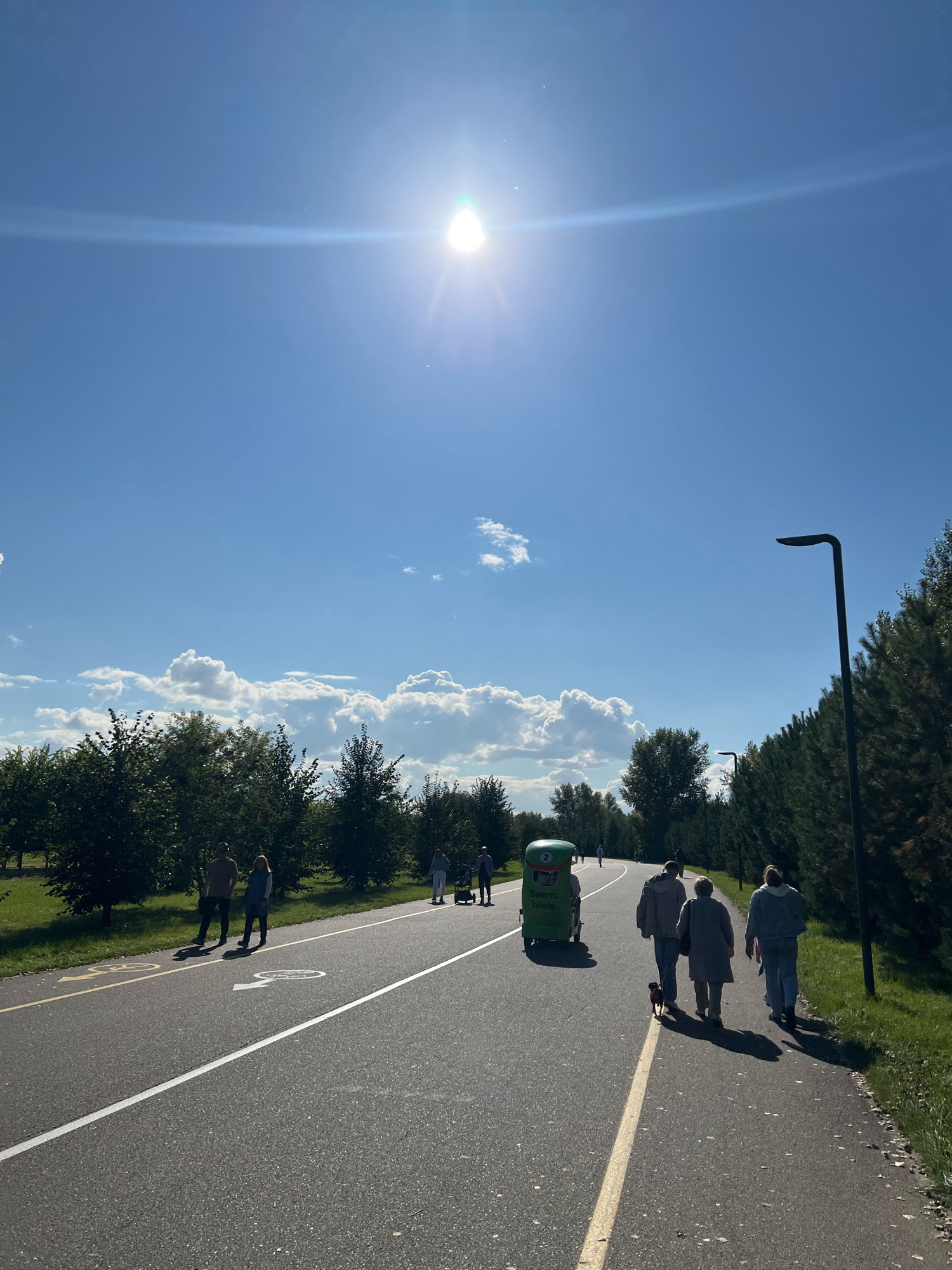 This image depicts a sunny day in a park with a clear blue sky and scattered clouds. A paved pathway, likely a bike or pedestrian lane, runs through a grassy area lined with trees on either side. Several people are visible on the path: a couple standing near the left side, a person pushing a green cart, a group of three people walking with a dog, and other individuals further in the distance. A lamppost stands on the right side of the path. The sun is bright and positioned high in the sky, causing lens flare. The location is identified as Krasnoyarsk, Russia.