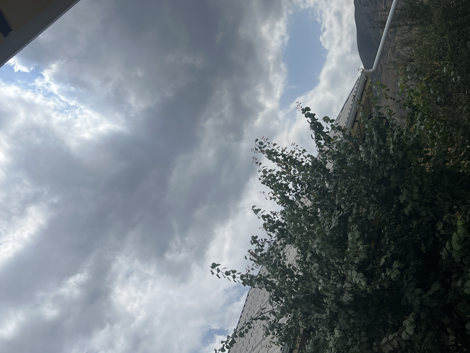 A medium shot captures a roof with a grey, tiled surface and a white gutter system extending from the lower left corner of the image toward the right. A large tree with dark green foliage fills the bottom half of the frame, obscuring a portion of the roof and the building it belongs to. Beyond the tree and to the right of the roof, a mountainous landscape is visible under a cloudy sky. The sky is dominated by grey clouds, with patches of blue sky and bright sunlight breaking through in the upper right quadrant. This scene is situated in the city of Kotormo, Kyrgyzstan.