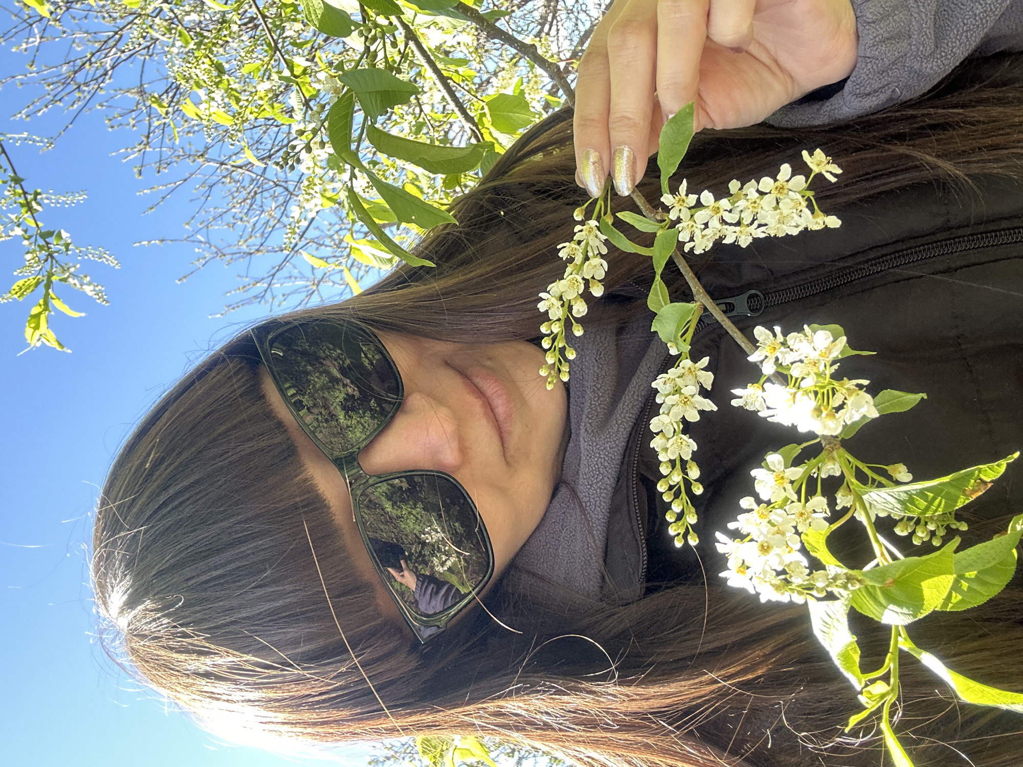 A woman with long, dark brown hair is holding a flowering branch with white blossoms and green leaves. She is wearing sunglasses with reflections of trees and sky. She is wearing a black jacket over a gray garment. The background shows a blue sky with the branches of the tree with blossoms. There is no indication of this image being taken in the city of Среднее Кечево, Russia.