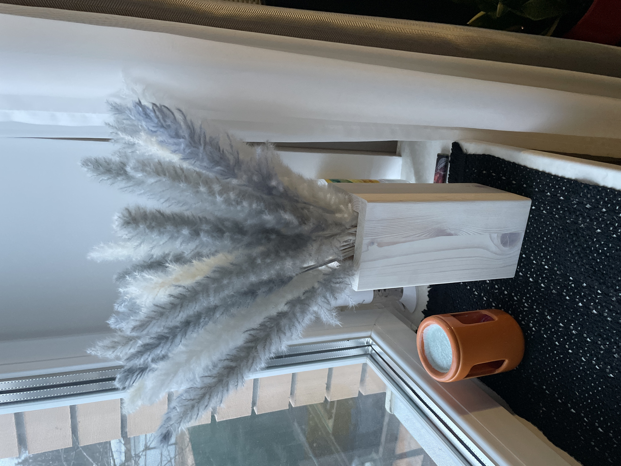 A low-angle, indoor shot depicts a window sill. A square, light-colored wooden vase holds decorative gray and white pampas grass. An orange ceramic container with white contents sits next to the vase. A black, textured rug covers the surface adjacent to the window. The window overlooks an exterior view of buildings. The image may be taken in the city of Лесной Пейзаж Кп (шарапово), Russia.