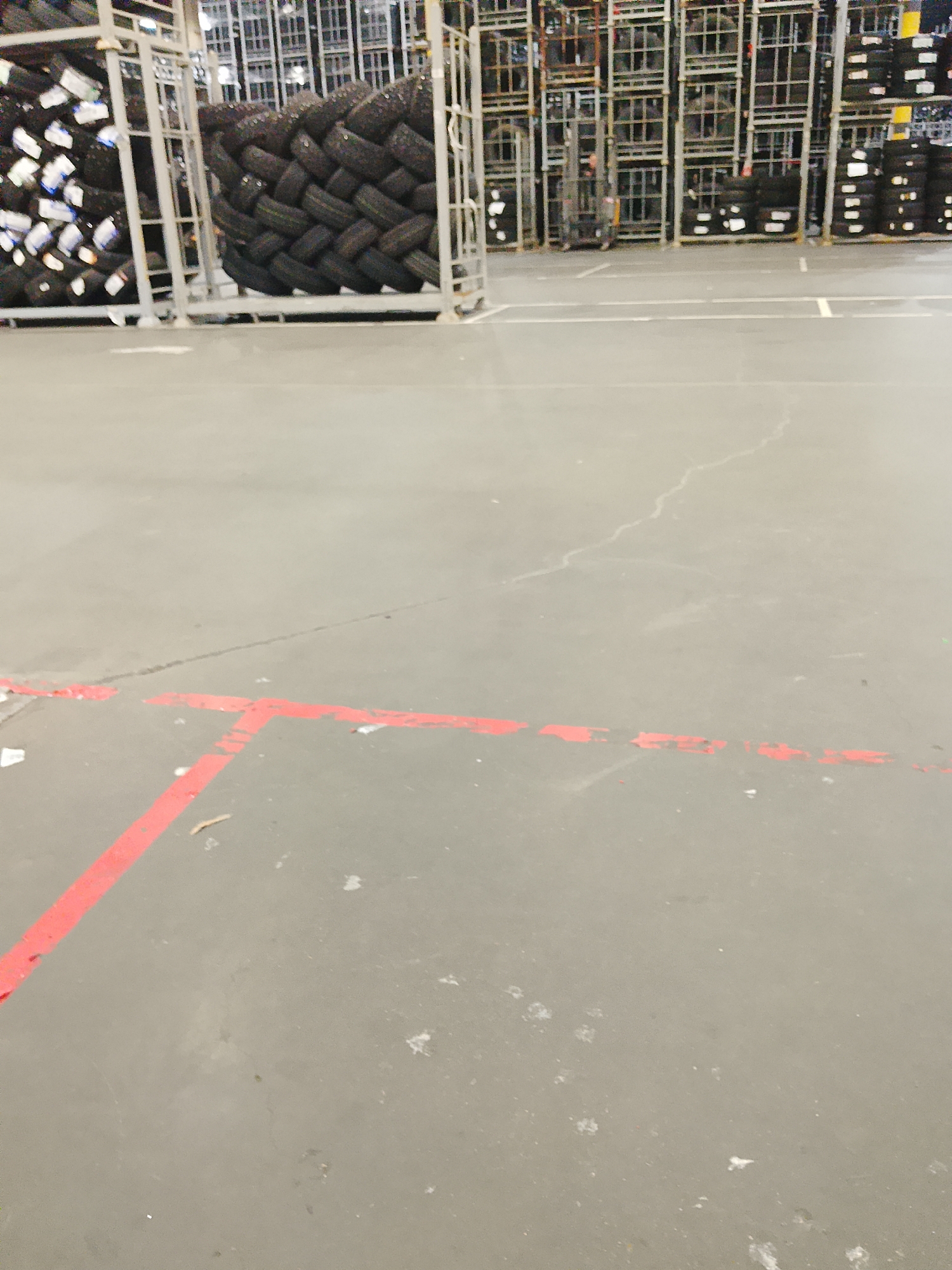 The image depicts a warehouse interior with stacks of tires in metal shelving units. The floor is a concrete surface marked with red lines. There are no visible people or animals. The environment appears to be an industrial or storage facility. The image is a photograph of this scene. There is no information within the image to suggest a location in Elektrougli, Russia.