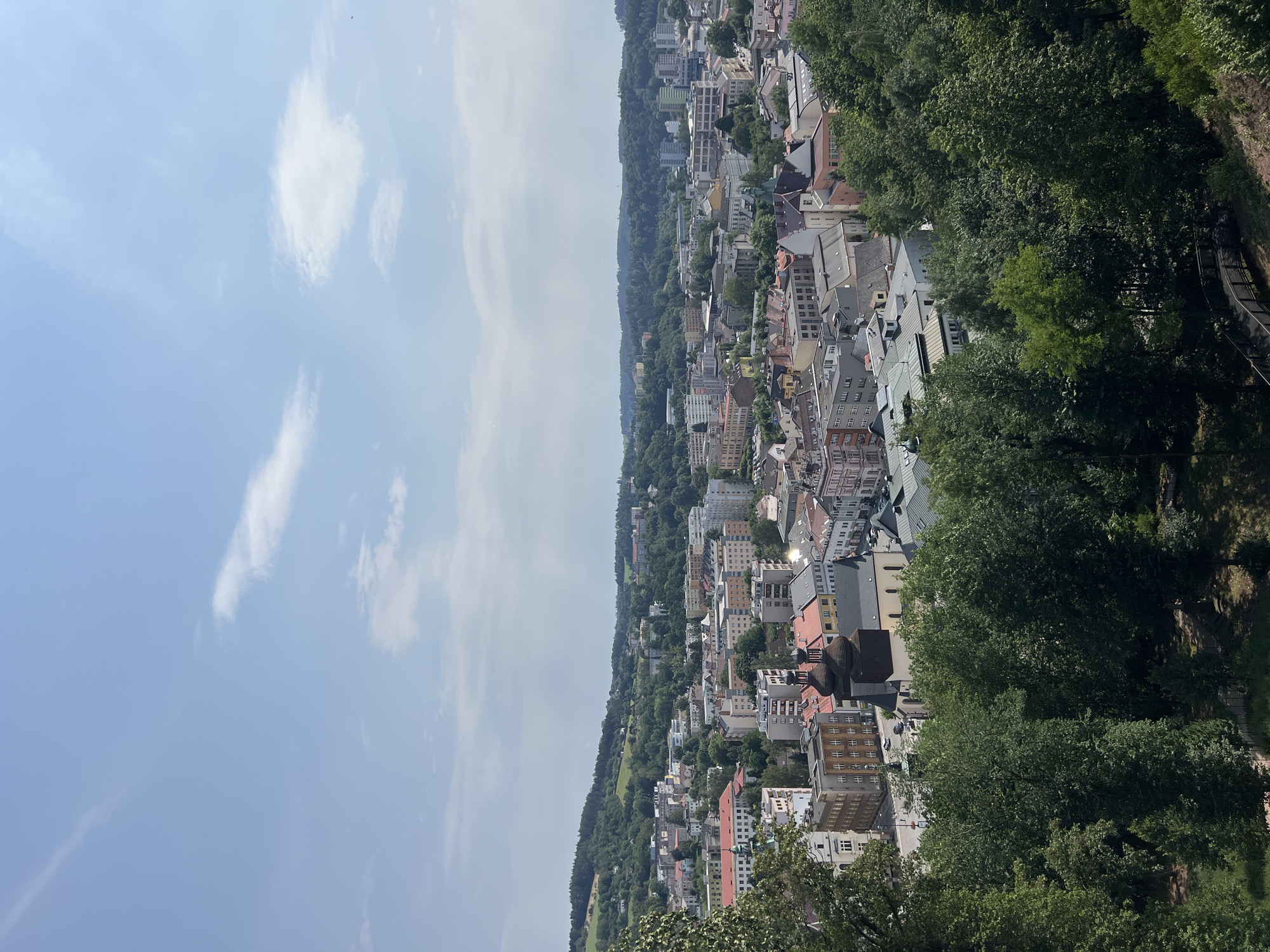 The image presents an elevated view of the city of Náchod, Czechia. The foreground is dominated by lush green trees, obscuring the lower portion of the cityscape. Beyond the trees, a dense urban area unfolds, characterized by a mix of multi-story residential buildings and older architectural structures. Prominent among these buildings is a church with two dark, domed bell towers. The city extends towards a backdrop of rolling, tree-covered hills under a bright blue sky with scattered clouds. The perspective suggests the photograph was taken from a higher vantage point, possibly a hill or a tall building overlooking the city.