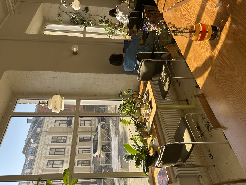 The image depicts the interior of a cafe or coffeeshop located in Kazan, Russia, on a clear, sunny day. Strong natural light enters through large, multi-paned windows, casting long shadows across the light-toned floor and wooden tables.
The interior features light-colored, textured walls, possibly painted brick. On the left, a white radiator is visible beneath a large window. The windowsill is adorned with several potted plants, including a large-leafed plant and various ferns. Two distinct pendant lights with ornate, opaque glass shades hang from the ceiling, and a wall-mounted sconce with a ribbed glass shade is present between window sections.
Furniture includes multiple light-wood tables and olive-green fabric chairs with chrome frames. In the mid-ground, a person with dark, medium-length hair, wearing a light blue long-sleeved top and light pants, is seated at a table, facing away from the camera, and operating a silver laptop. Further in the background, another individual in a white top is partially visible, also seated at a table, facing away.
On a small table near the window, a yellow tray holds two clear glasses, a small dish, and a dark object. A dark book or magazine and a black mobile phone rest on the windowsill. In the foreground, a large wooden table features a clear glass vase with horizontal red, yellow, and black stripes, containing a small bouquet of purple and white flowers.
The exterior view through the windows reveals a pale yellow/cream-colored, ornate building with multiple windows and decorative architectural details across the street. A white Toyota Land Cruiser SUV is parked on the street. Patches of snow and bare ground are visible beyond a low metal fence. The sky is clear blue.