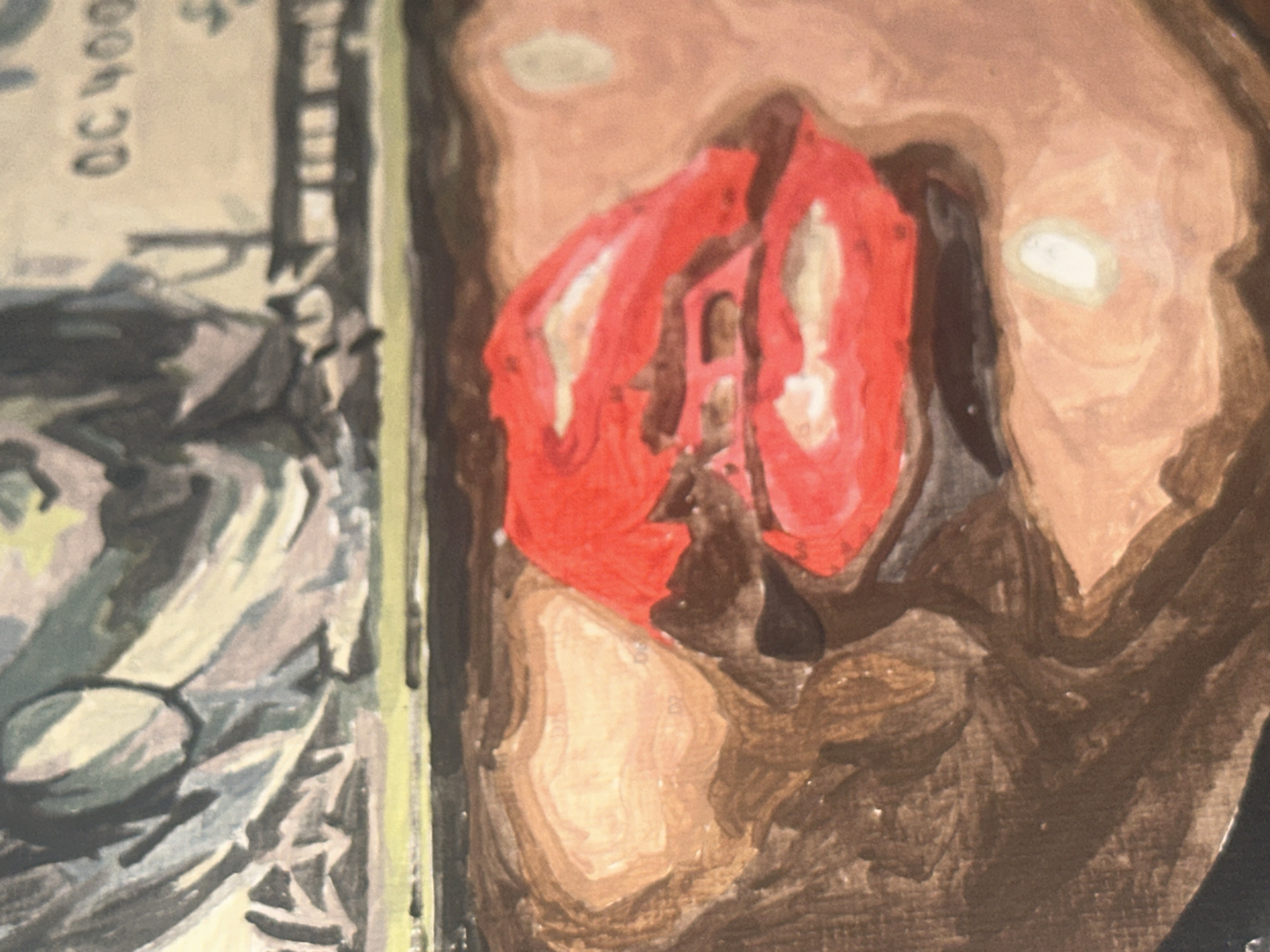 The image depicts a close-up section of a painting or illustration. On the left, there is a portion of what appears to be a military uniform or camouflage pattern with a set of glasses rendered in shades of gray, green, and brown. The text "QC 400" is visible near the top left. Adjacent to this, the painting transitions into a depiction of a person's face or head, rendered in various shades of brown and tan. The most prominent feature is a red object with white highlights.
There is nothing to suggest the location is Высокий, Russia.