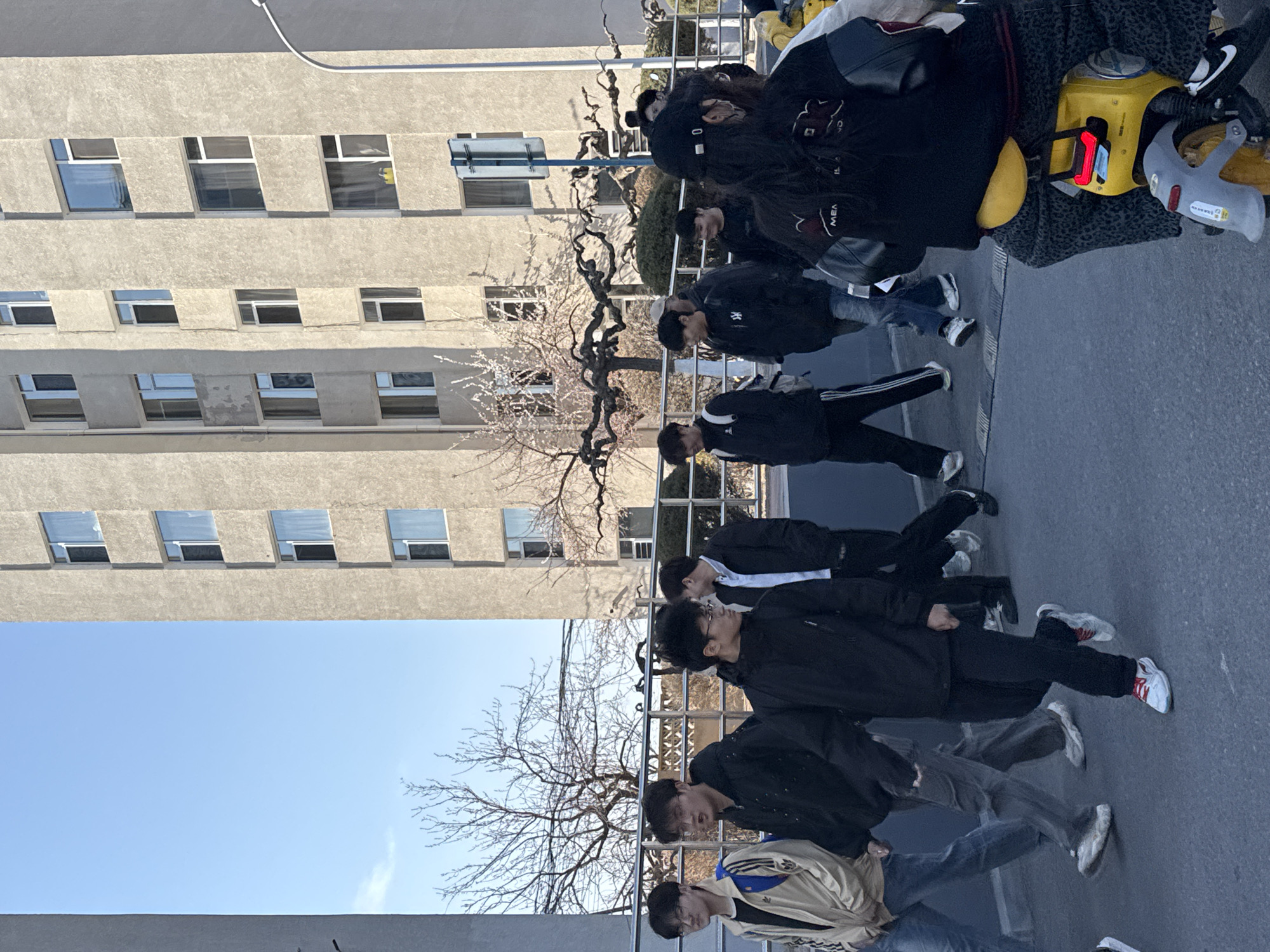 A group of people, mostly young men, are walking along a street in Zhongtun, China. They are walking in the same direction, with a tree and a building with repetitive windows alongside the street. The people are dressed in casual clothing, including jackets and jeans. There are also bags and other items piled to the side of the road. The sky is blue and there are few clouds.
