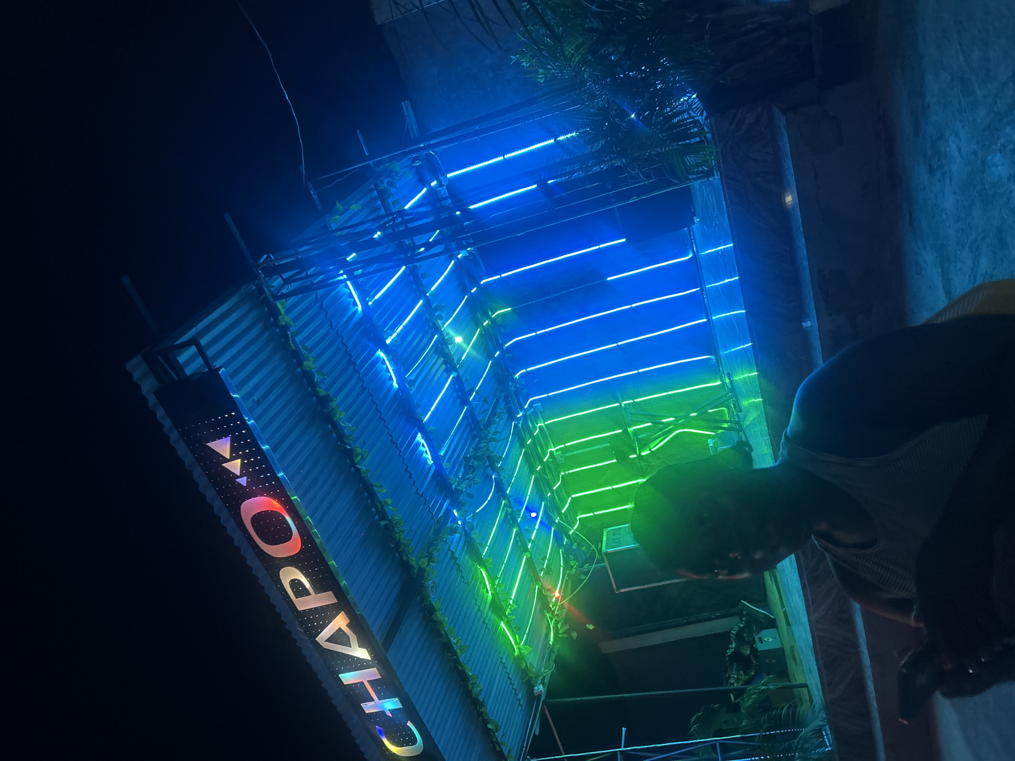 The image depicts a dimly lit outdoor scene at night, presumably a venue in Masaka, Nigeria, illuminated by vibrant neon lights. A sign with the word "CHAPO" in large, colorful, illuminated letters is prominently displayed on a corrugated metal roof. Below the sign, vertical neon lights in shades of blue and green create a futuristic ambiance. Artificial vines are draped along the underside of the roof. In the foreground, a person is seated, partially obscured by shadow, looking at a mobile phone. The ground appears to be paved. The overall atmosphere suggests a lively entertainment or gathering space.