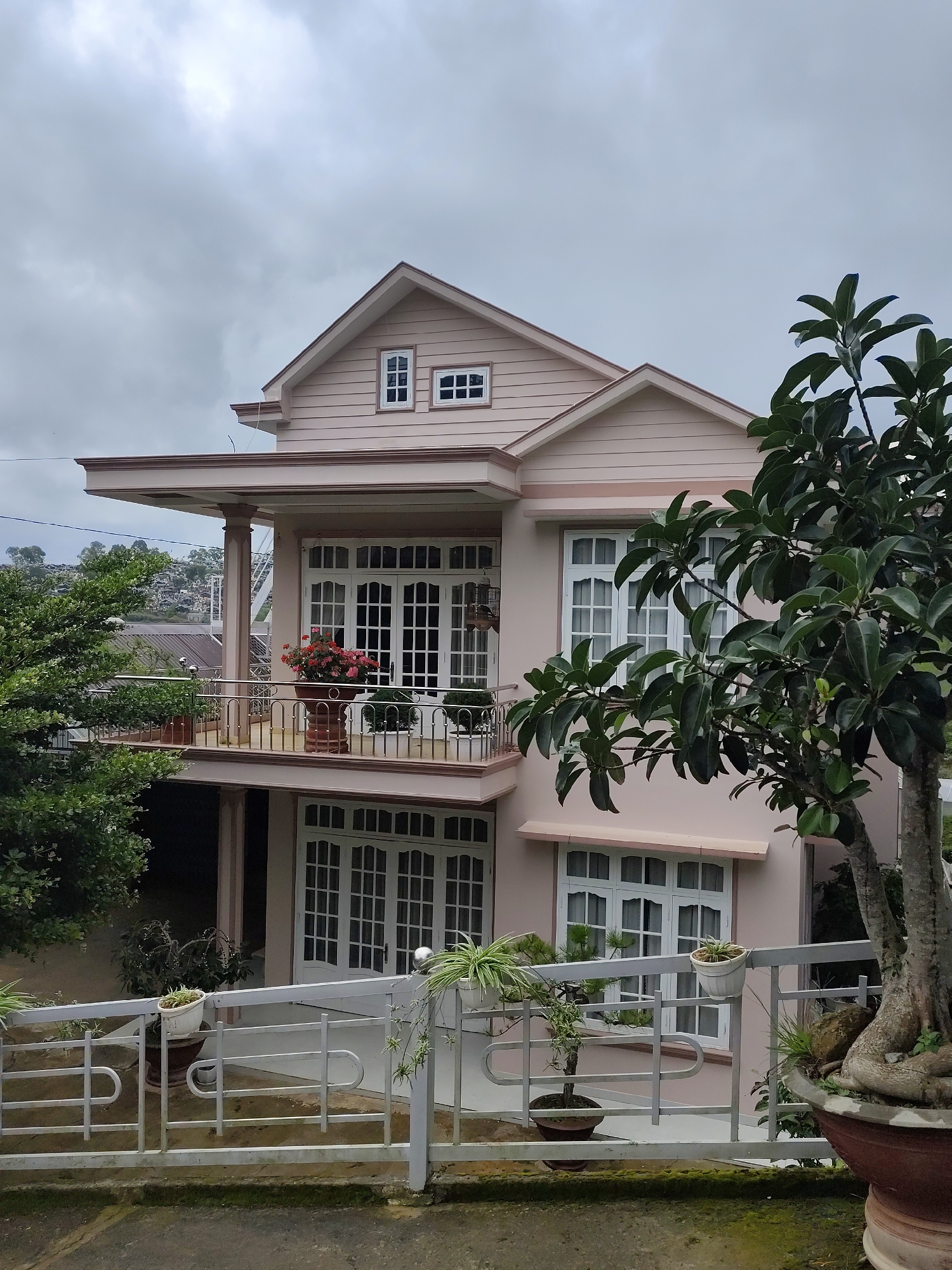 The image shows a three-story pink house with white-framed windows and doors. The house has a balcony on the second floor, adorned with potted plants and flowers. A large tree with dark green leaves stands to the right of the house, its gnarled trunk visible in the foreground. The house is situated in a hilly area, with other buildings visible in the background, suggesting it is part of a residential neighborhood. The sky is overcast with gray clouds. The overall scene appears to be in Lạc Dương, Vietnam, given the architectural style and the surrounding landscape. No people are visible in the image.