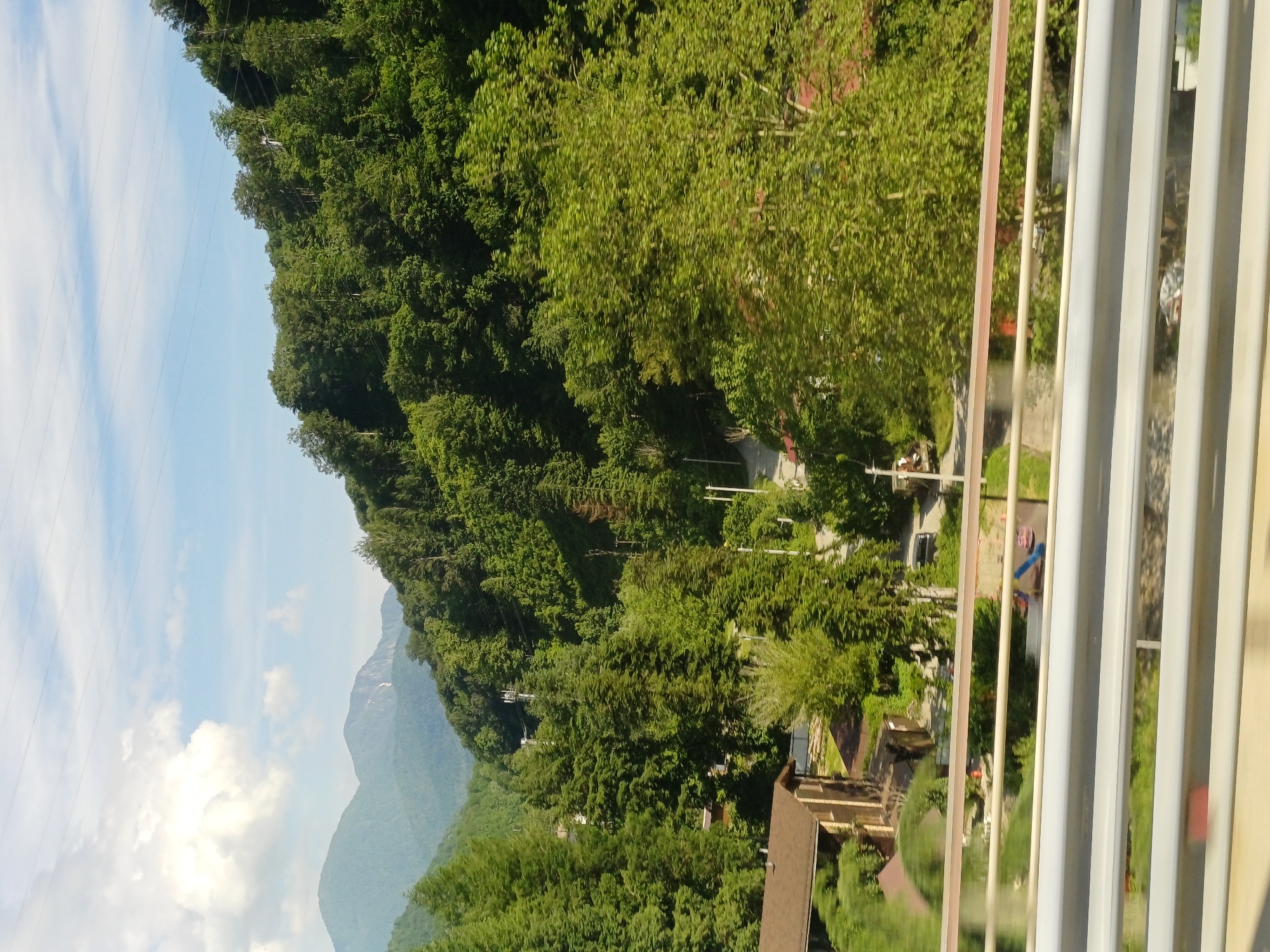 The image captures a scenic view of a mountainous, forested area, likely in the vicinity of Chvizhepse, Russia. The foreground features a modern highway railing, suggesting the photo was taken from a moving vehicle. Beyond the railing, lush green trees dominate the landscape, with some buildings, possibly houses or cabins, nestled amongst the foliage. The trees climb up the steep slopes of the mountains, which are a prominent feature in the background, partially shrouded by a hazy sky with scattered clouds. The overall impression is one of natural beauty and a semi-rural setting, consistent with the mountainous terrain of the Chvizhepse region.