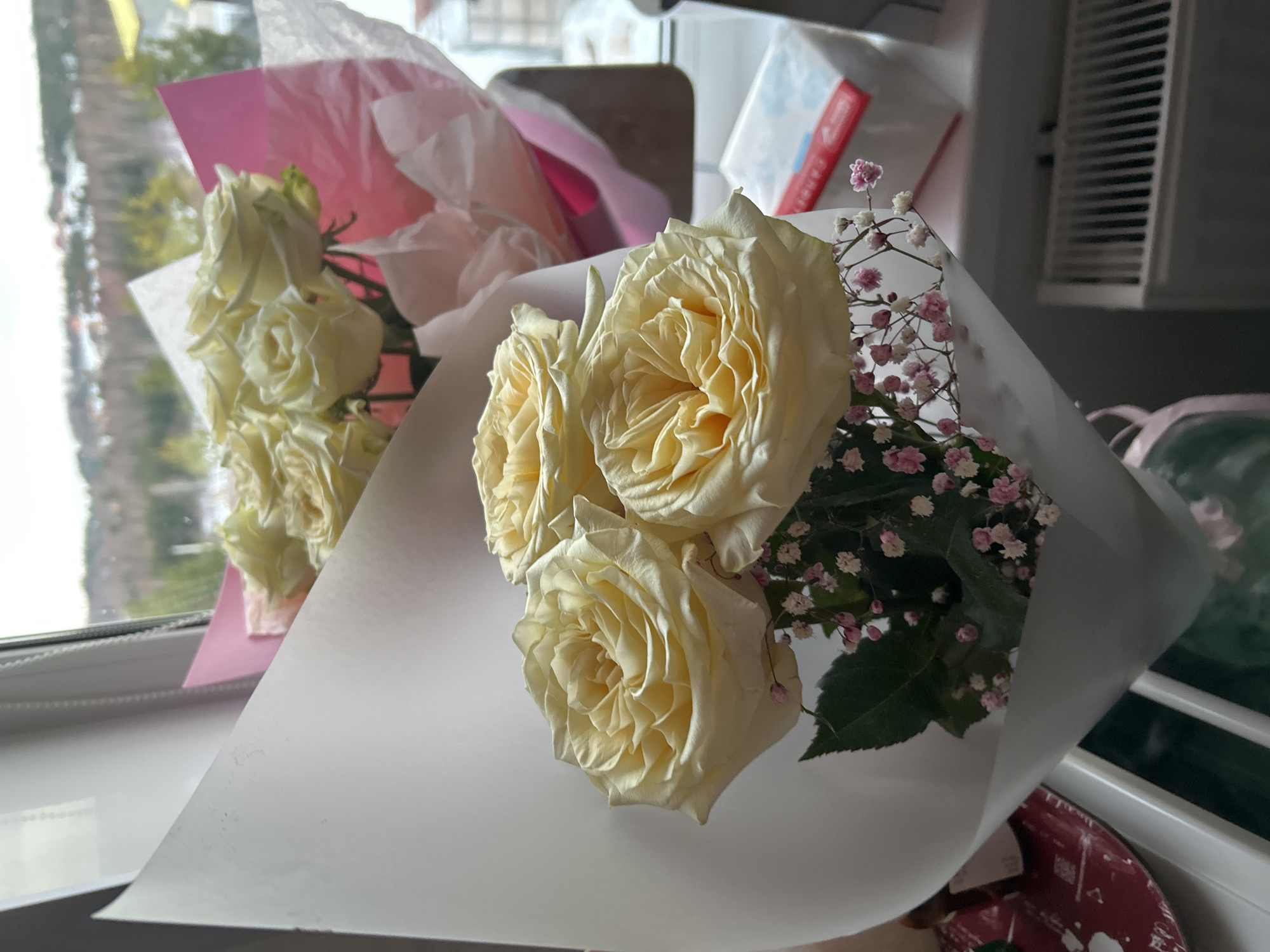 The image displays two bouquets of light yellow/cream roses positioned indoors on a windowsill overlooking an outdoor landscape. In the foreground, a bouquet of three prominent roses is wrapped in white paper and includes small pink and white baby's breath flowers along with green leaves. Behind and slightly to the right, a second, larger bouquet of multiple similar light yellow/cream roses is wrapped in pink paper.
Through the window, a blurred view reveals a distant tree line, characteristic of a forested area, with some light-colored ground cover, possibly indicating snow or light vegetation, and a few distant structures, including one with a yellow roof. The sky appears overcast.
On the windowsill to the right of the foreground bouquet, a rectangular white box with blue and red details is visible. Below it, a white radiator is partially seen against a gray wall. To the far left, a portion of a dark red circular object with white patterns is discernible. The scene is located in the city of Фоки, Russia.