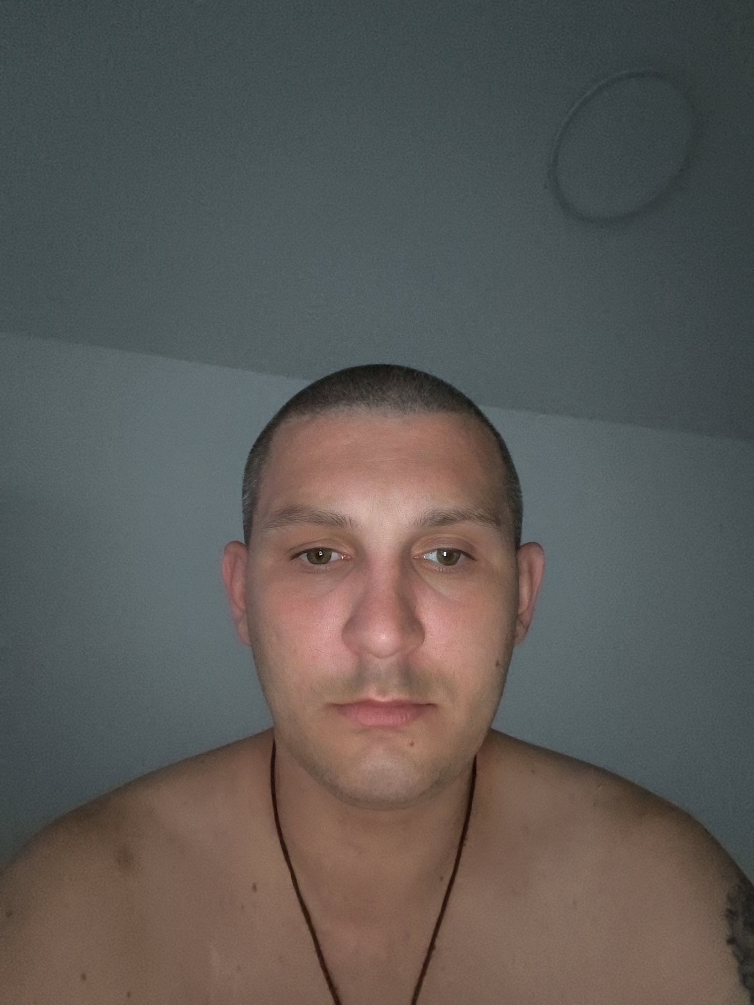 A close-up, head-and-shoulders selfie shows a fair-skinned, light-brown-haired individual with brown eyes looking directly at the camera. The person's head is shaved closely on the sides and the top. They are wearing a dark necklace that is visible around their neck and chest. The background is a light gray wall with a faint circular imprint, potentially from a light fixture. The image was taken indoors, possibly in a residential setting. No specific location in Wolgast, Germany, can be identified from the image.
