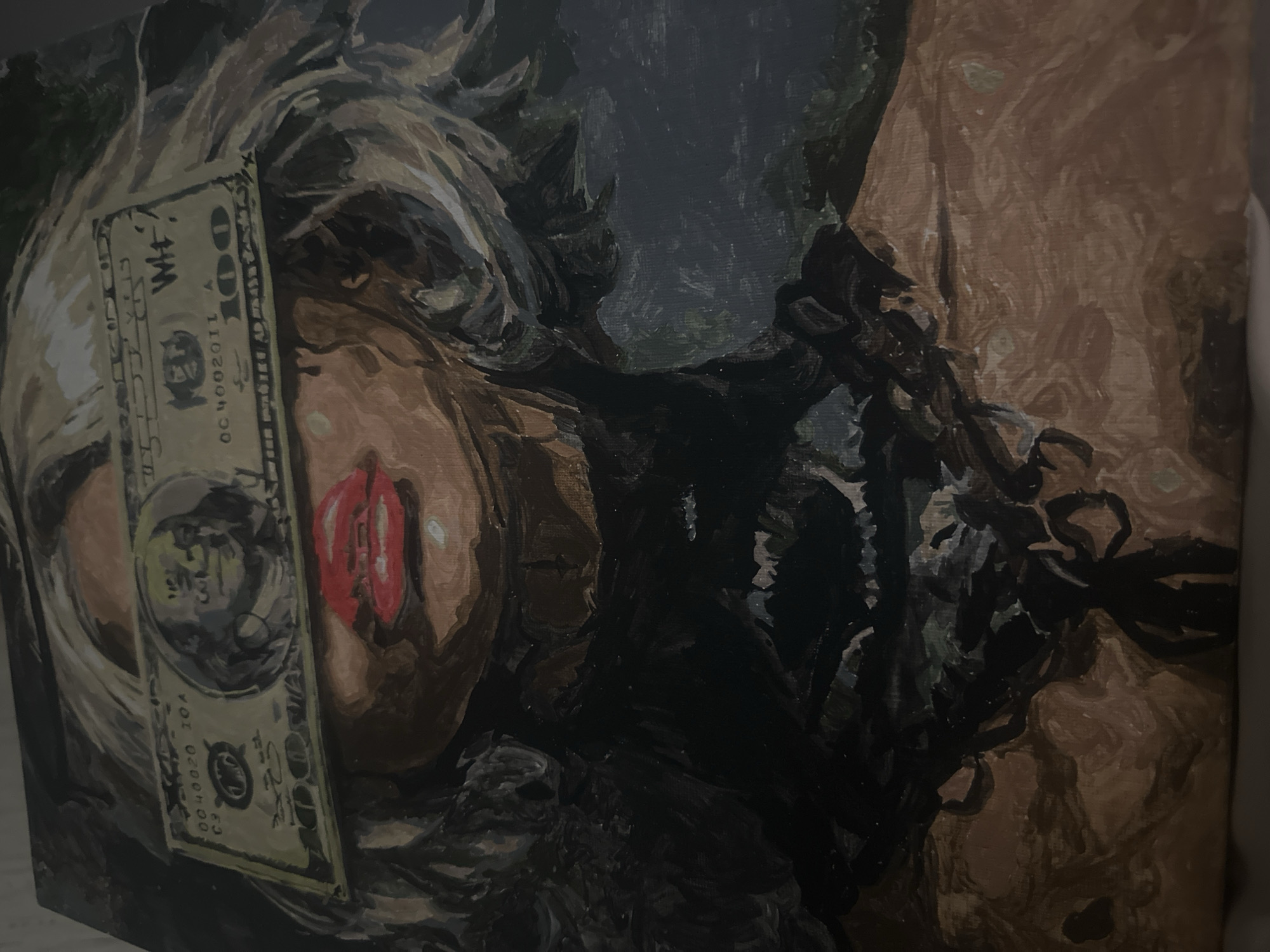 The media file displays a close-up painting of a person's face, rotated so the head appears tilted to the right. The artwork is characterized by an expressive, painterly style with visible brushstrokes and a muted color palette, featuring dark tones, browns, and beige, contrasted by vibrant red lips.
The main subject is a person, likely female, whose face is partially visible. Dark, possibly wet or styled, hair frames the upper part of the head. A 100 dollar bill is placed over the person's left eye, obscuring it. The visible facial features include the nose and mouth, where the lips are painted a striking red and appear slightly parted. The skin tone is rendered in warm, earthy hues.
The dollar bill clearly shows the denomination "100" and has "WH" written on it. Parts of serial numbers, "OC 400201I" and "0040020 10A," along with a depiction of Benjamin Franklin's portrait, are visible on the bill.
The background of the painting is abstract and dark, composed of deep greens and grays, creating a somber or mysterious mood. To the right, part of a shoulder or arm is visible, rendered in similar earthy tones. The overall impression is that of a stylized portrait, where the dollar bill plays a symbolic role, perhaps relating to themes of value, obscured vision, or identity. No specific time of day or external location cues are discernible.