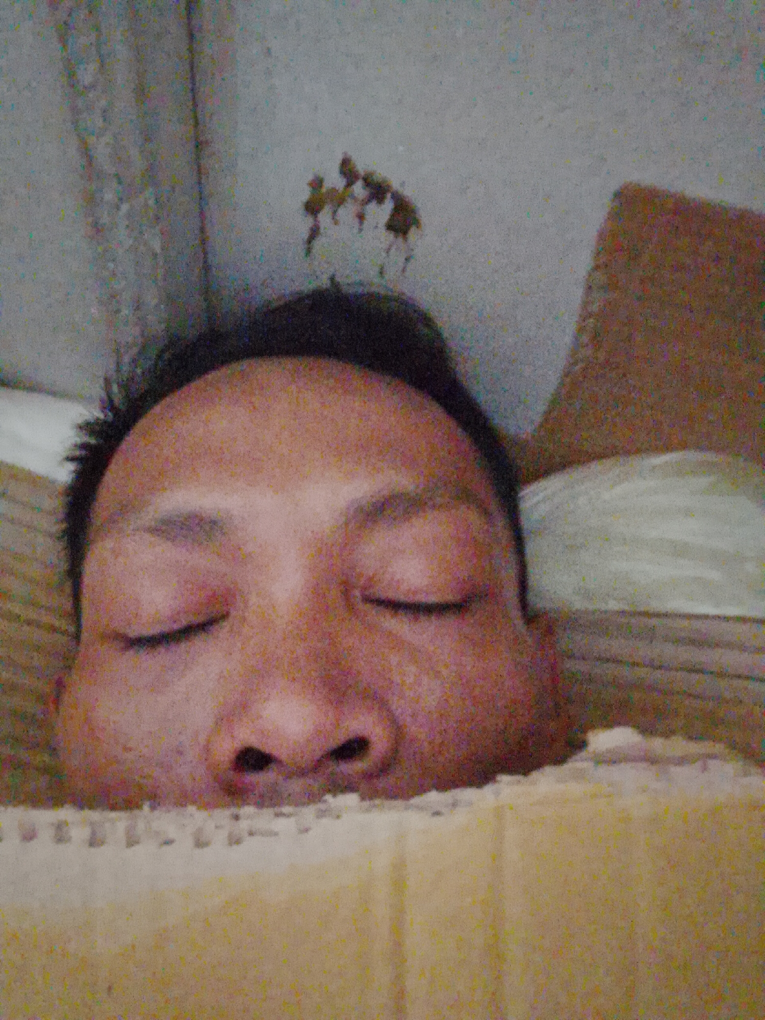 A close-up image captures a person's face with their eyes closed. The person appears to be resting against or covered by a cardboard material, which frames the lower portion of the face. In the background, there is a wall and another section of cardboard. Location: Bukit Ketok, Indonesia.