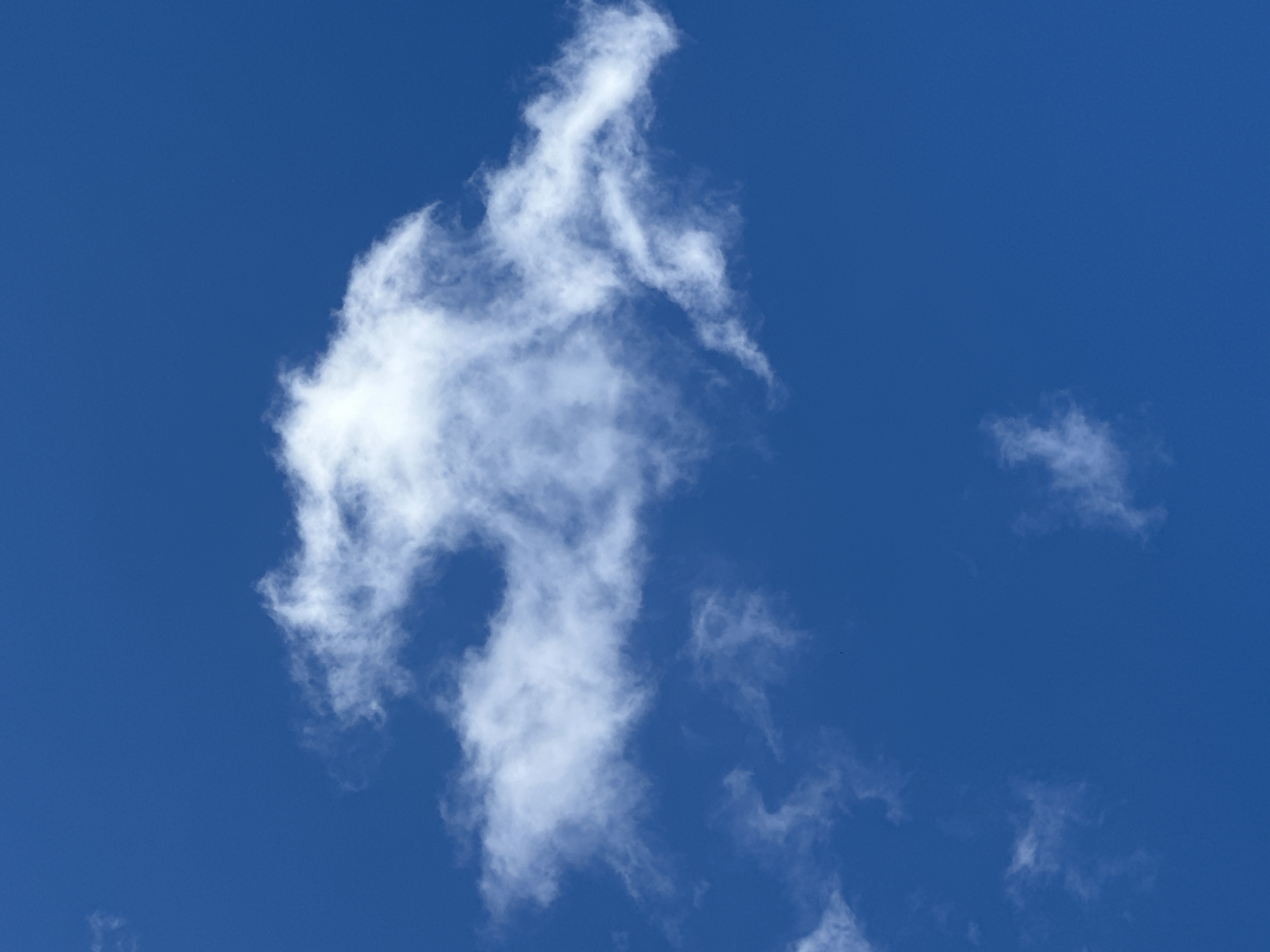 A clear, bright blue sky is dominated by a large, wispy white cloud. Smaller, less defined clouds are scattered throughout the sky, some appearing as faint smudges. The image captures an outdoor scene, likely during daylight hours. There is no indication of the city of Luhansk, Ukraine, or any specific location. There are no people, subjects, objects, actions, or interactions visible in the image. The environment is solely the sky and clouds.